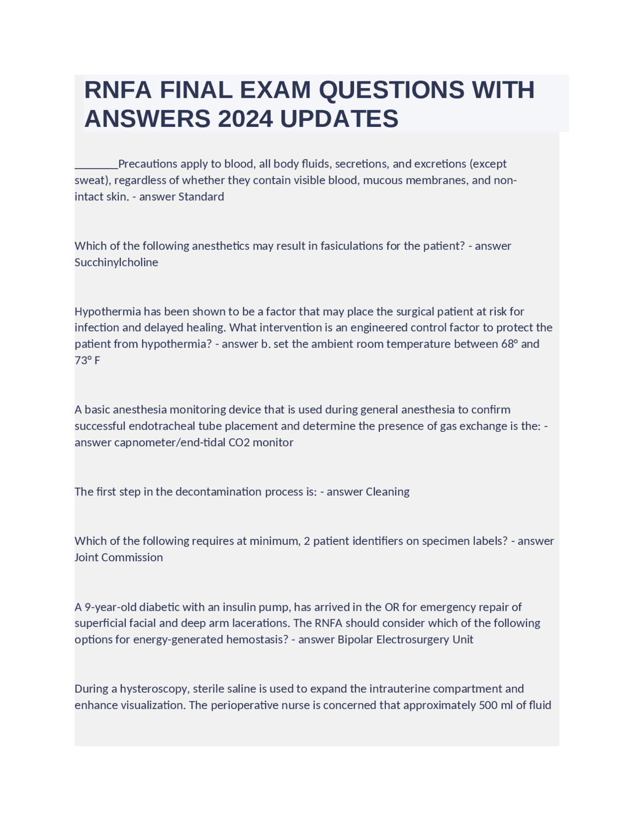 Sample Rnfa Log RNFA FINAL EXAM QUESTIONS WITH ANSWERS 2024 UPDATES | Exams Nursing ...