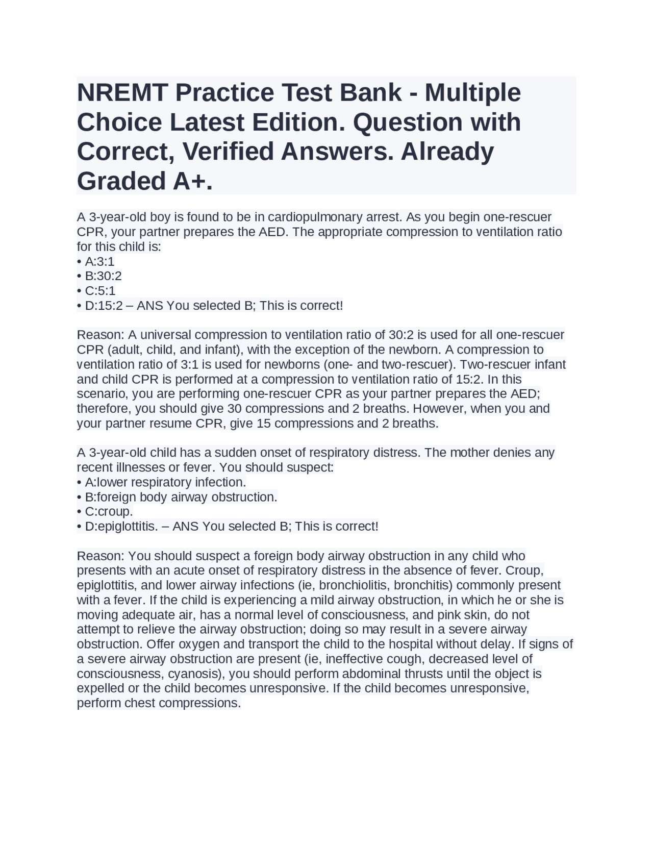 NREMT Practice Test Bank - Multiple Choice Latest Edition. Already ...