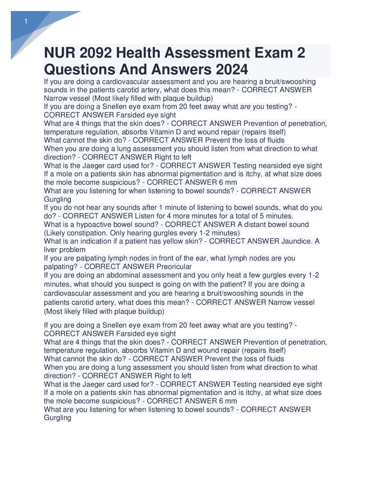 NUR 2092 Health Assessment Exam 2 Questions And Answers 2024 Graded A+ ...