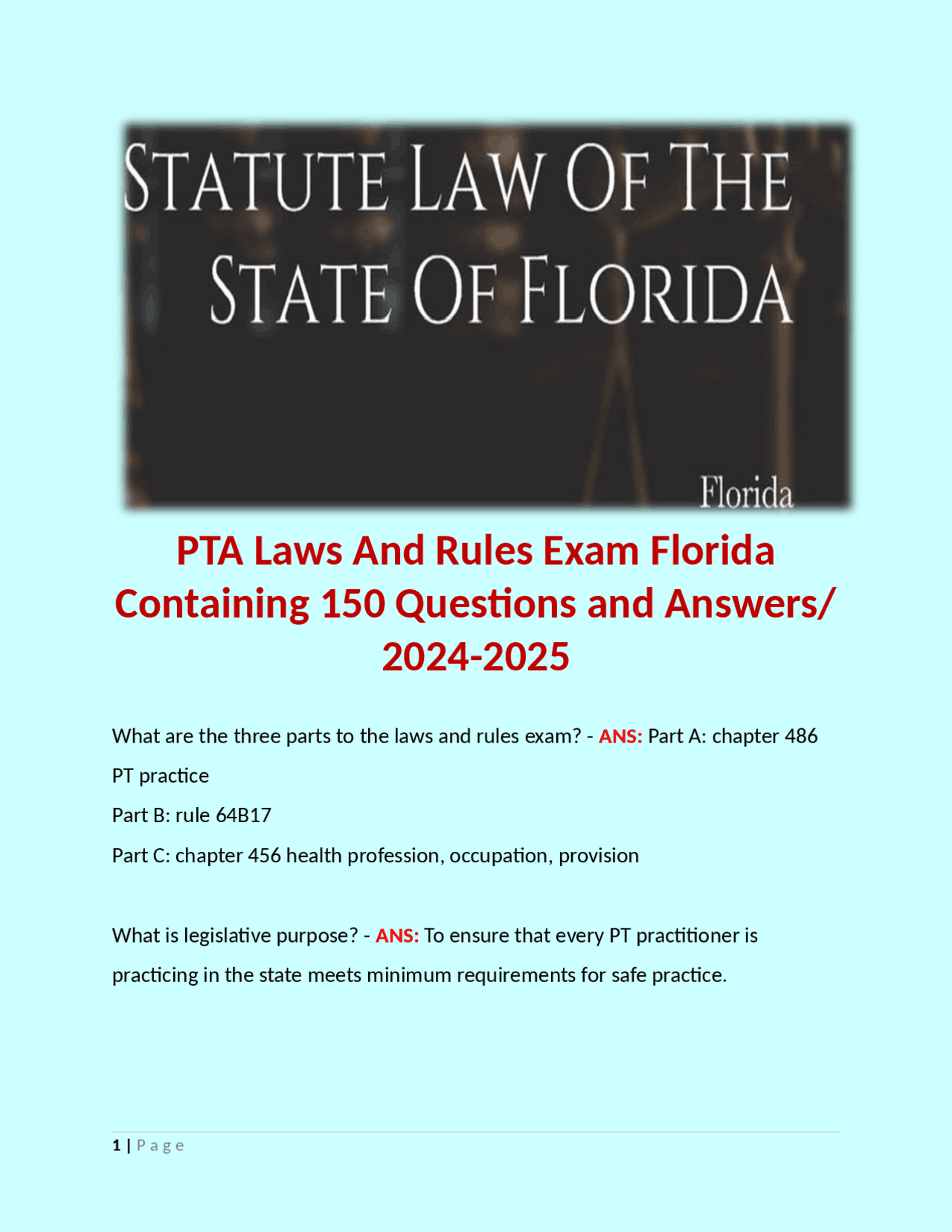 PTA Laws And Rules Exam Florida Containing 150 Questions and Answers ...