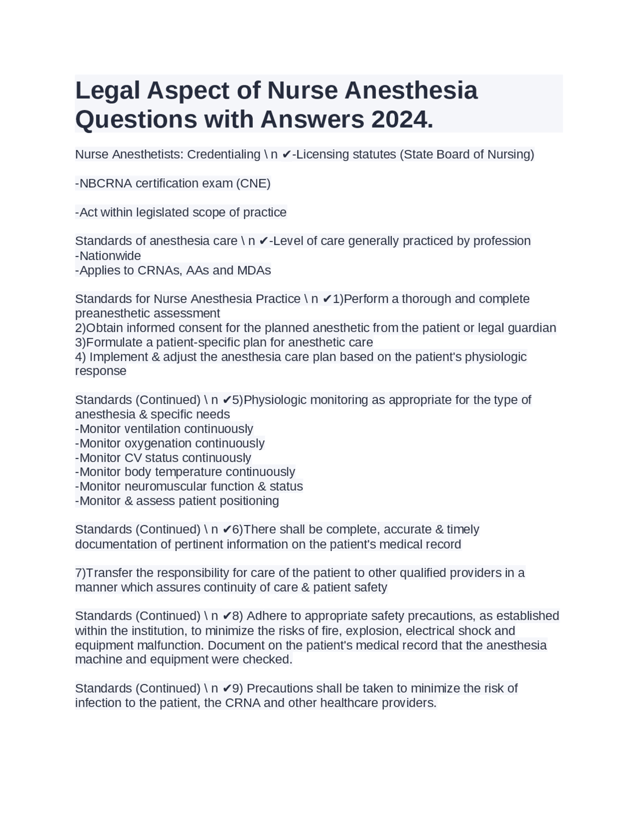 Legal Aspect of Nurse Anesthesia Questions with Answers 2024. | Exams ...