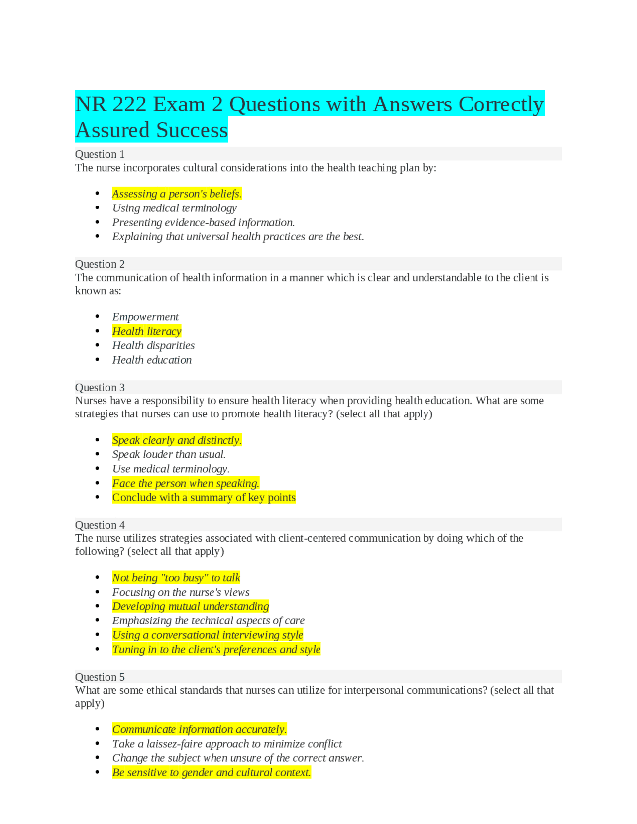 NR 222 Exam 2 Questions with Answers Correctly Assured Success | Exams ...