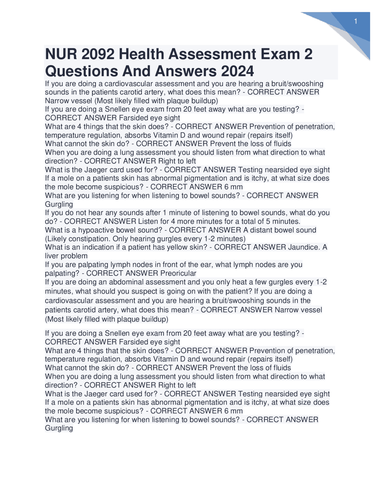 NUR 2092 Health Assessment Exam 2 Questions And Answers 2024 Graded A+ ...