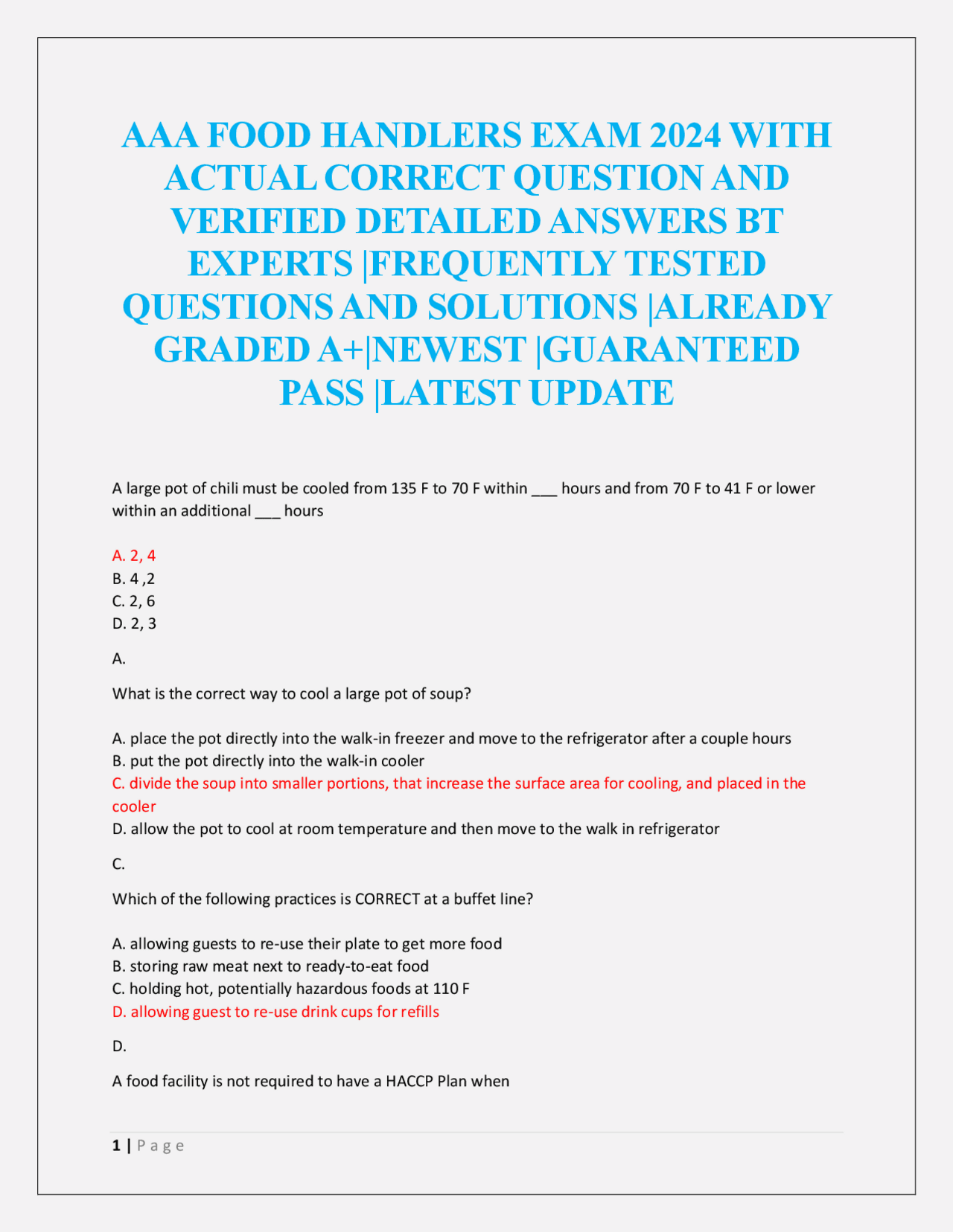 AAA FOOD HANDLERS EXAM 2024 WITH ACTUAL CORRECT QUESTION AND VERIFIED