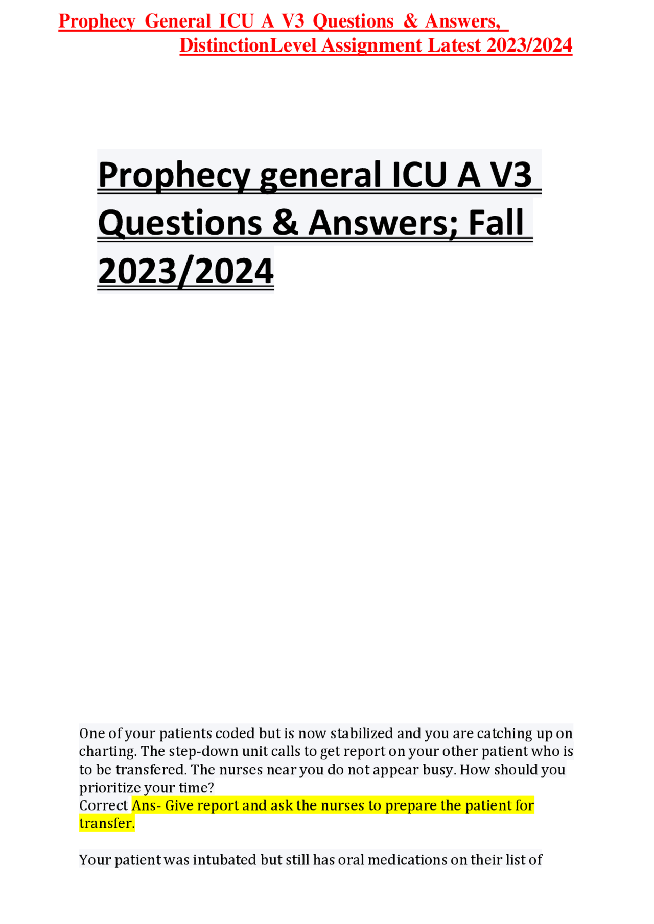 Prophetic Assignment Prophecy general ICU A V3 Questions & Answers, Distinction Level ...