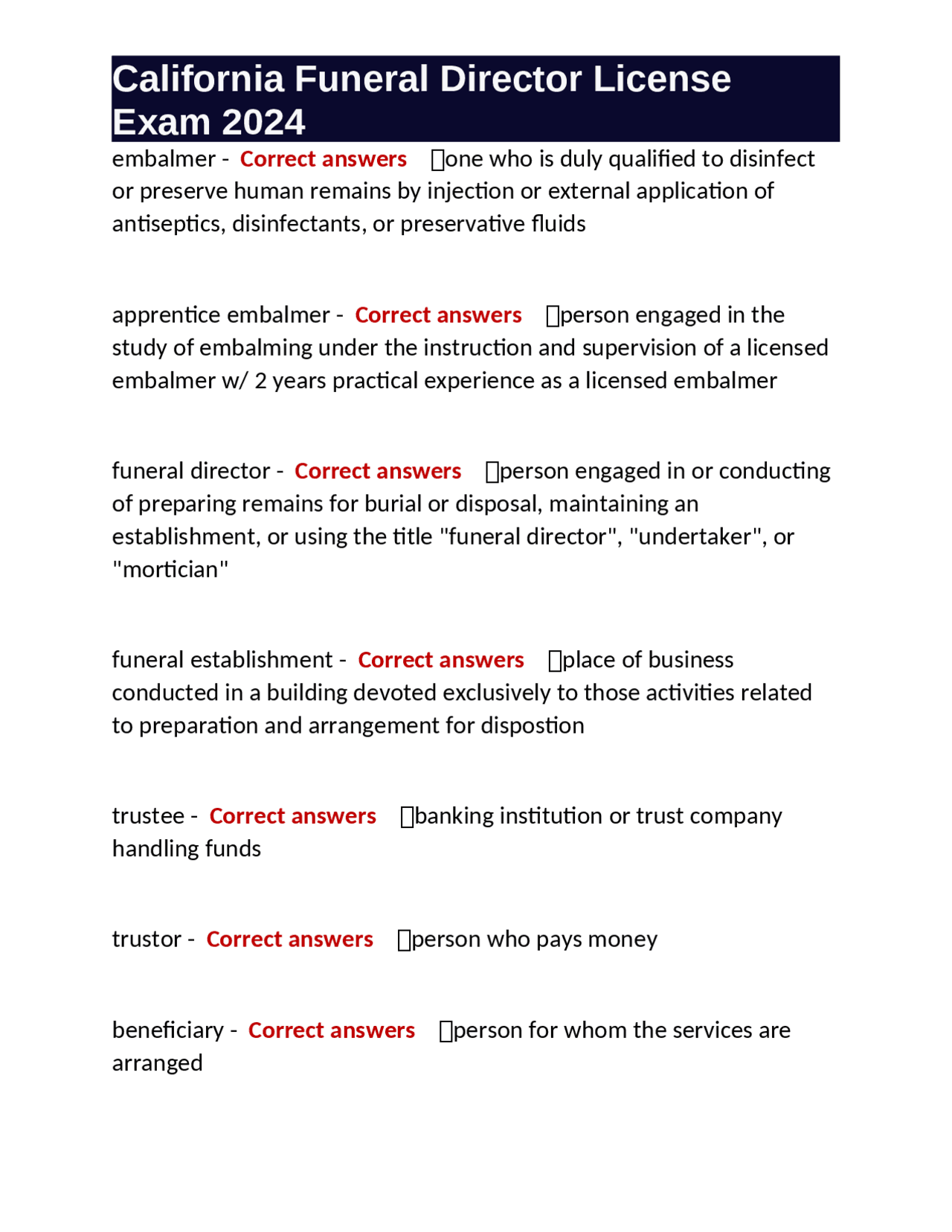 California Funeral Director License Exam 2024 Exams Nursing Docsity