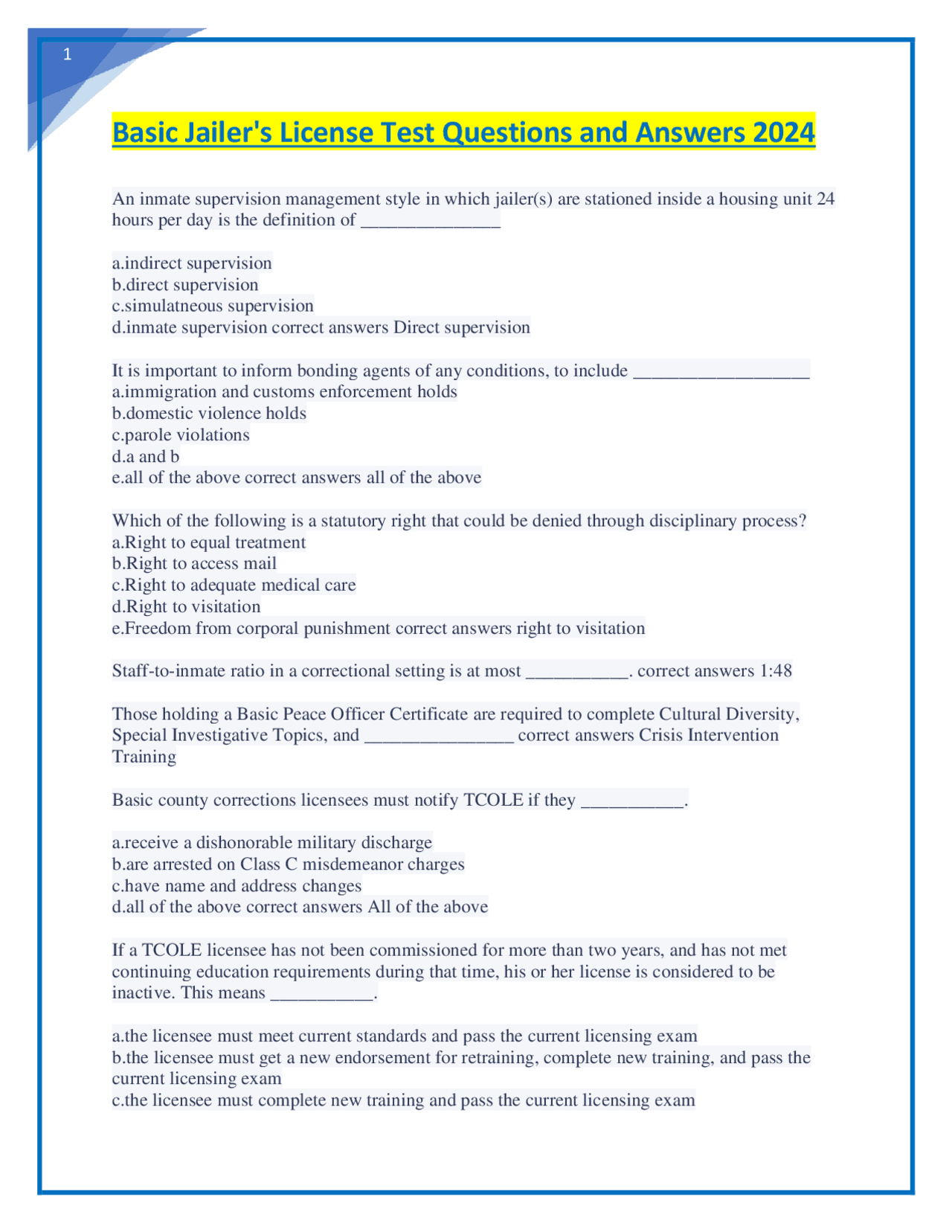 Basic Jailer's License Test Questions and Answers 2024 | Exams Nursing ...
