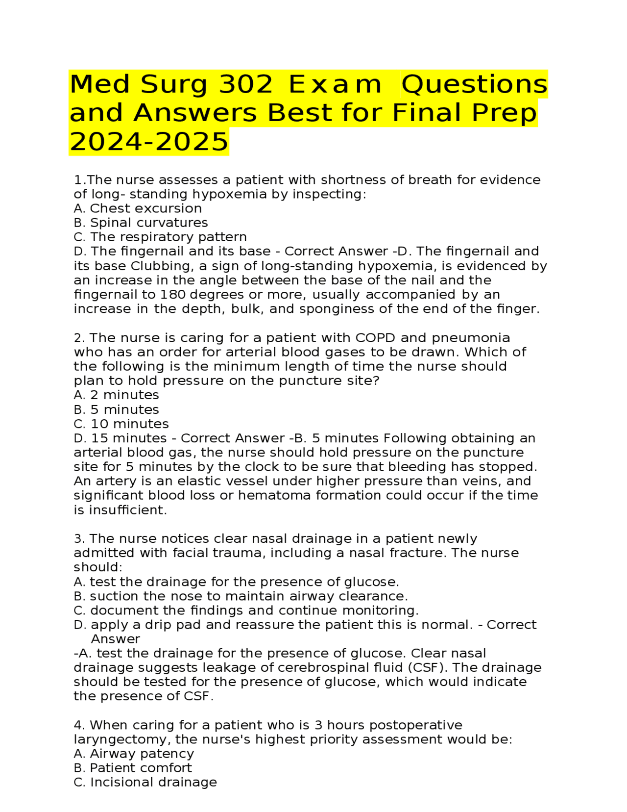 Med Surg 302 Exam Questions and Answers Best for Final Prep 2024-2025 ...