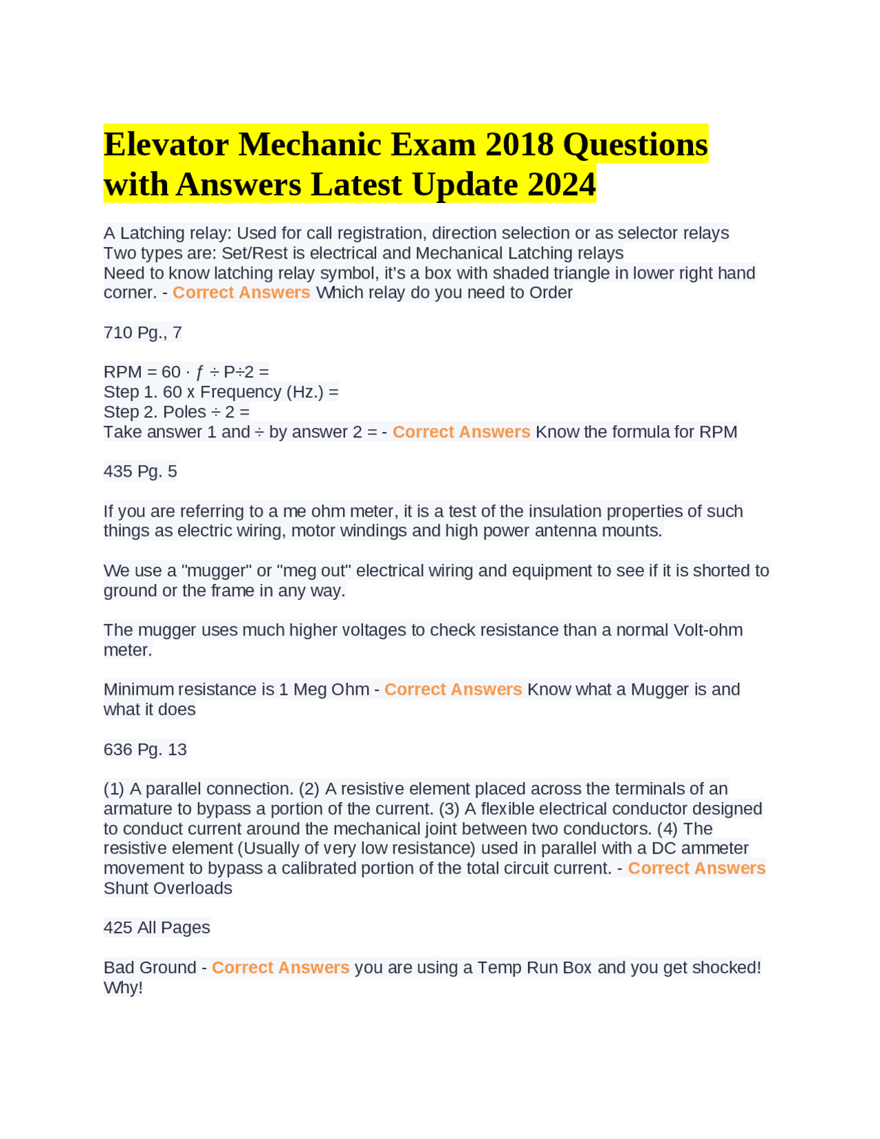 Elevator Mechanic Exam 2018 Questions with Answers Latest Update 2024