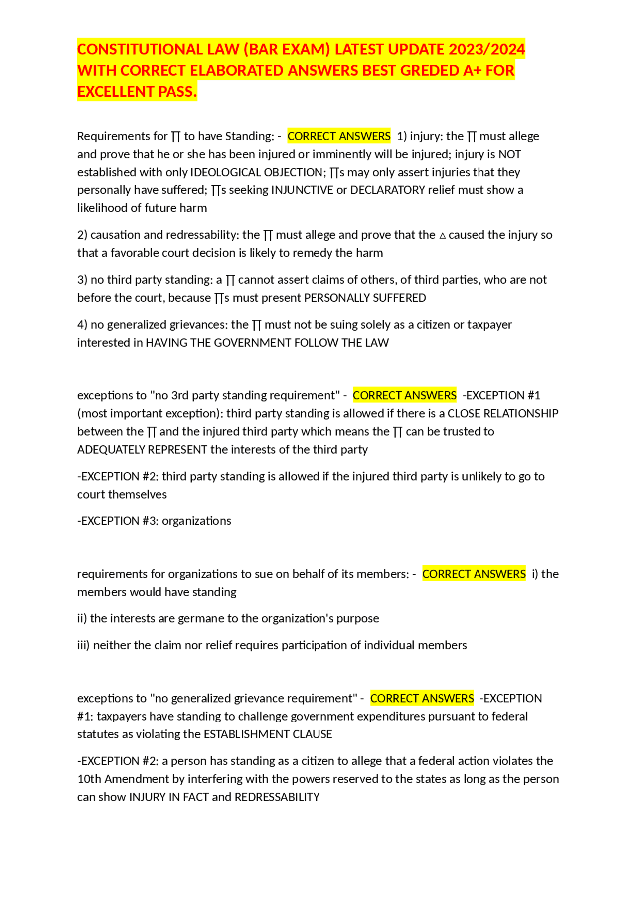 CONSTITUTIONAL LAW (BAR EXAM) LATEST UPDATE 2023/2024 WITH CORRECT ...