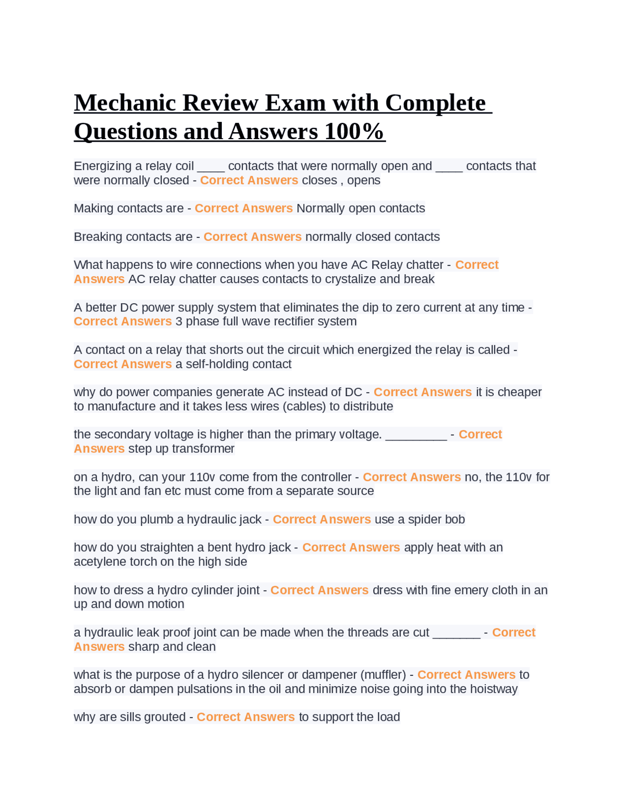 Mechanic Review Exam with Complete Questions and Answers 100% | Exams ...
