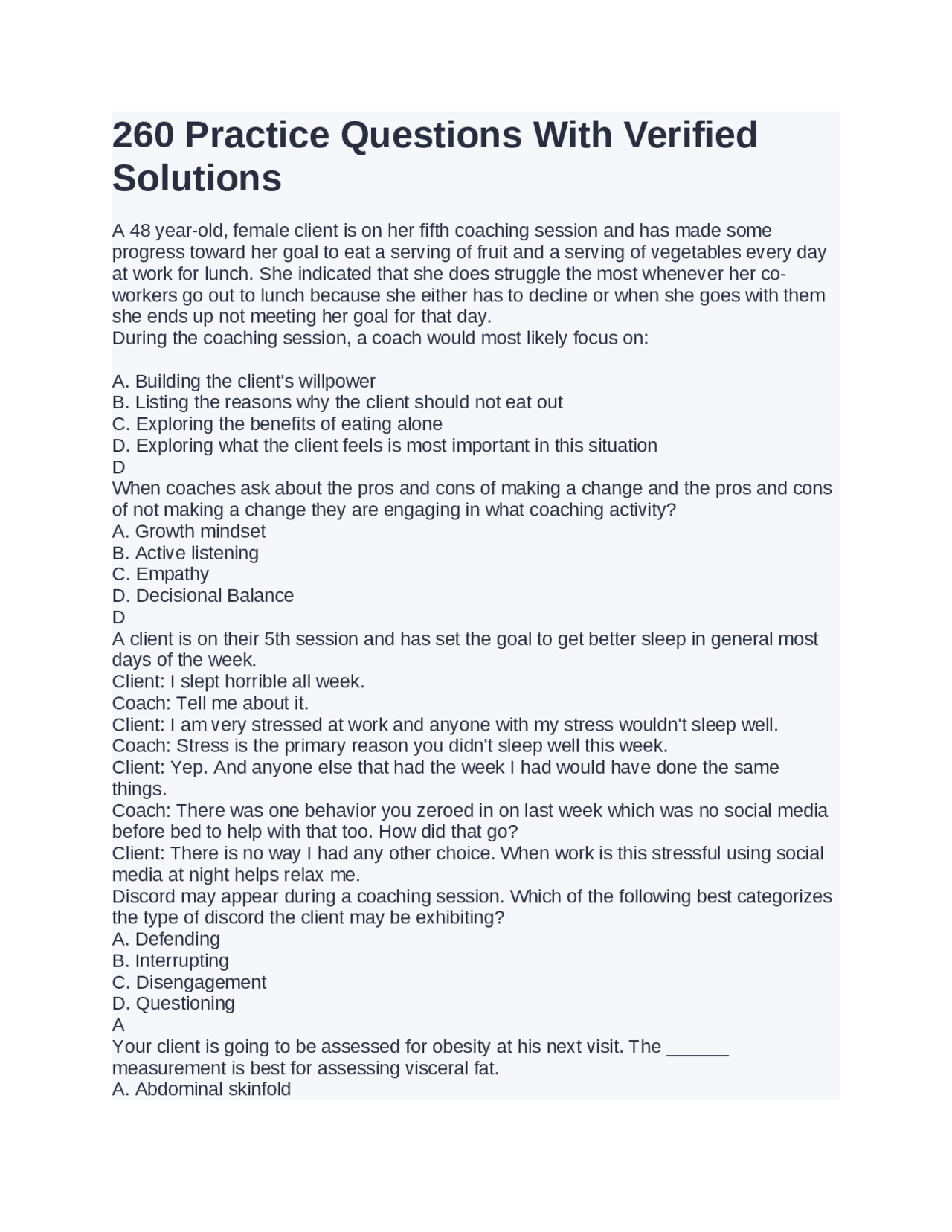 260 Practice Questions With Verified Solutions | Exams Nursing | Docsity
