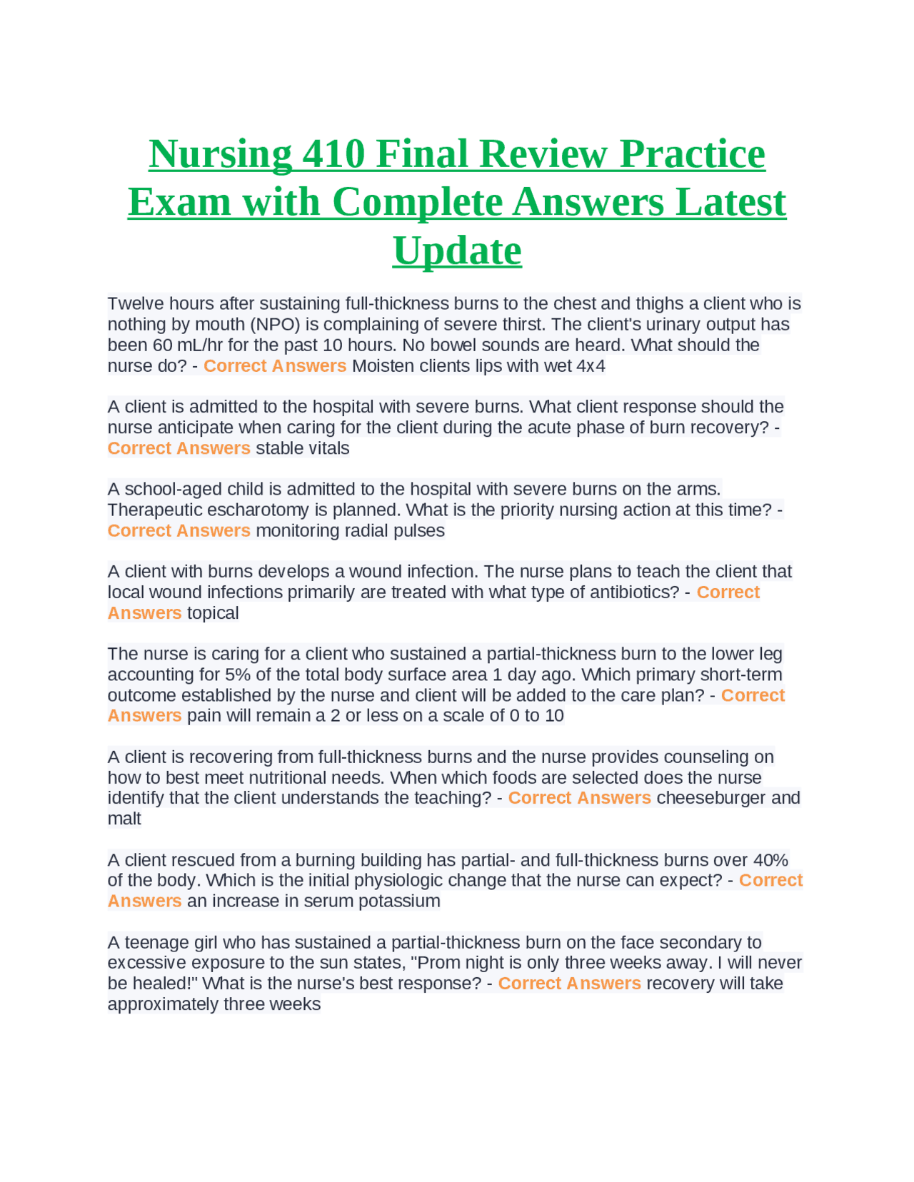 Nursing 410 Final Review Practice Exam with Complete Answers Latest ...