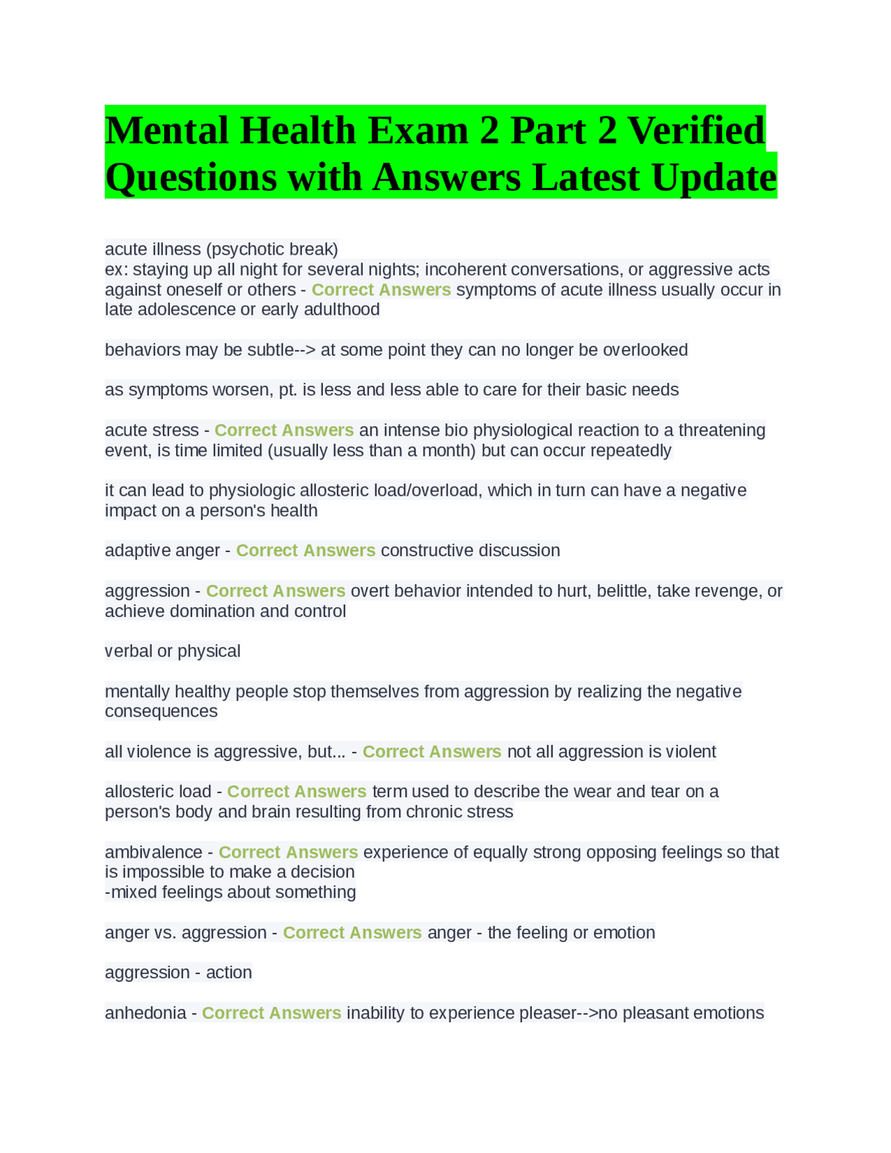 Mental Health Exam 2 Part 2 Verified Questions with Answers Latest ...