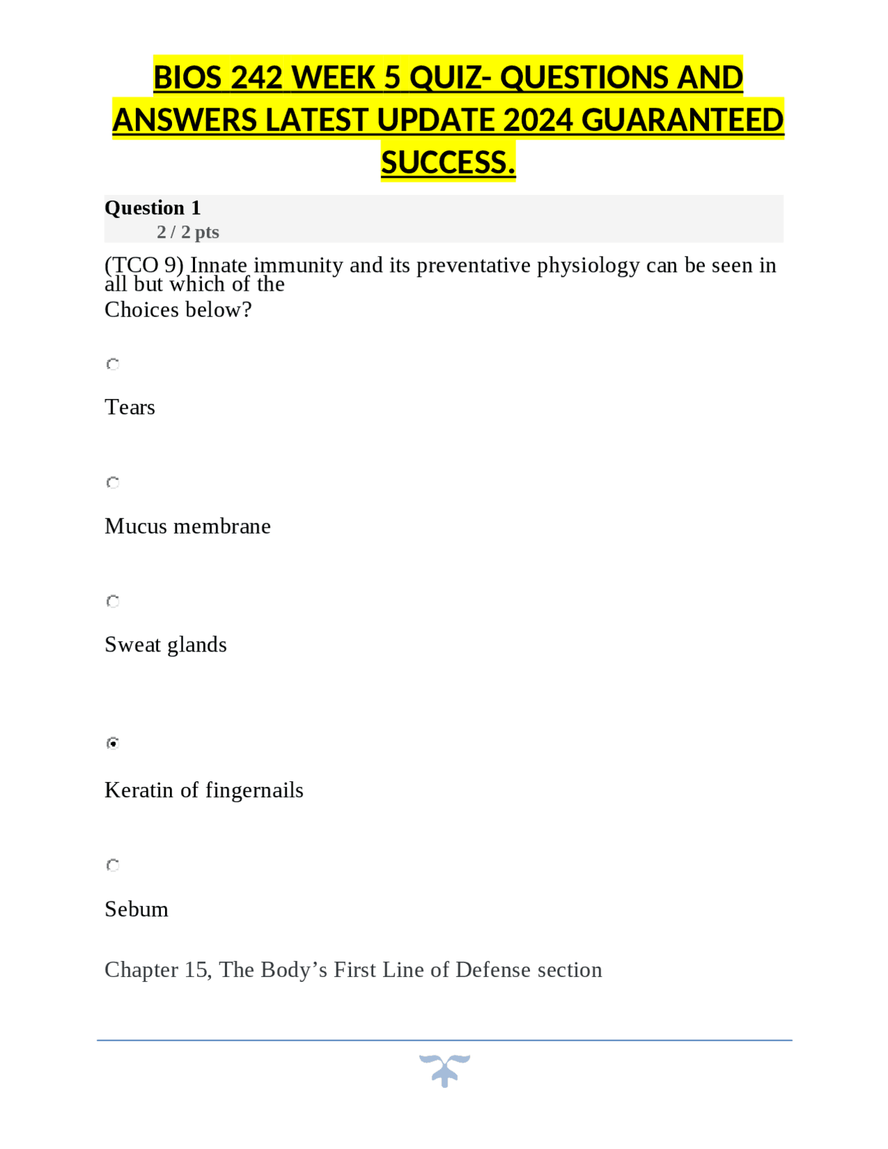 BIOS 242 WEEK 5 QUIZ- QUESTIONS AND ANSWERS LATEST UPDATE 2024 ...