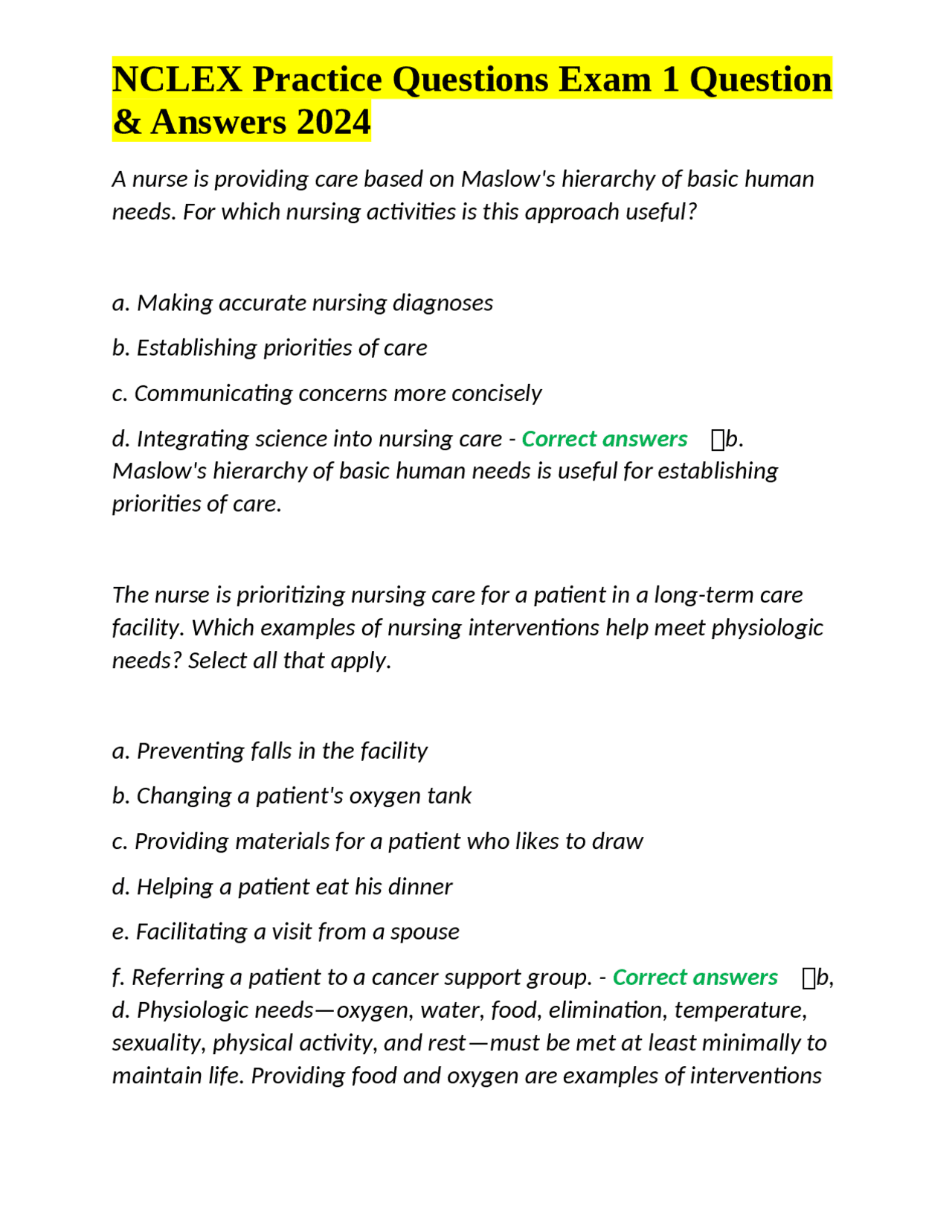 NCLEX Practice Questions Exam 1 Question & Answers 2024 | Exams Nursing ...