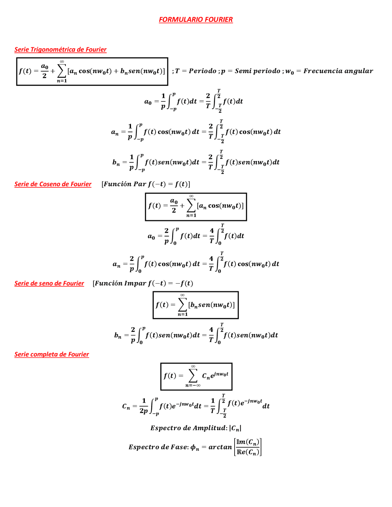 FORMULARIO SERIES FOURIER | Apuntes de Ecuaciones Diferenciales | Docsity