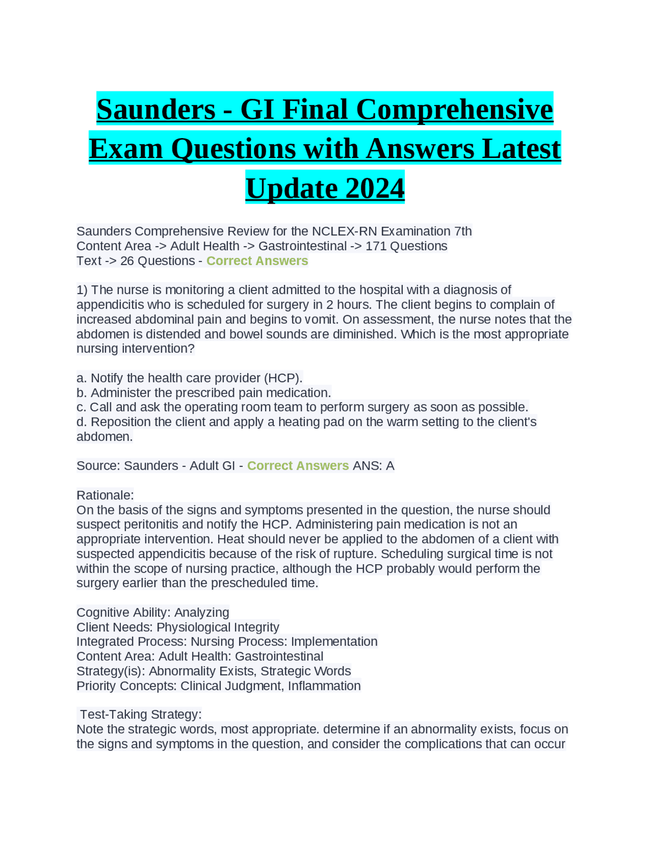 Saunders Sample Question Saunders - GI Final Comprehensive Exam Questions with Answers Latest ...