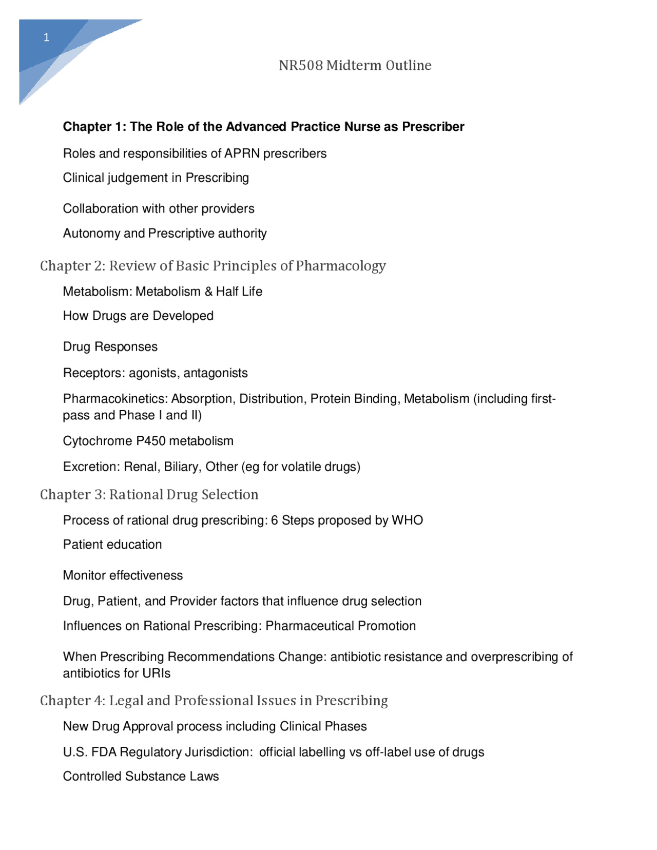 Exam NR 508 Week 1 Advanced Pharmacology Study Guide | Exams Nursing ...