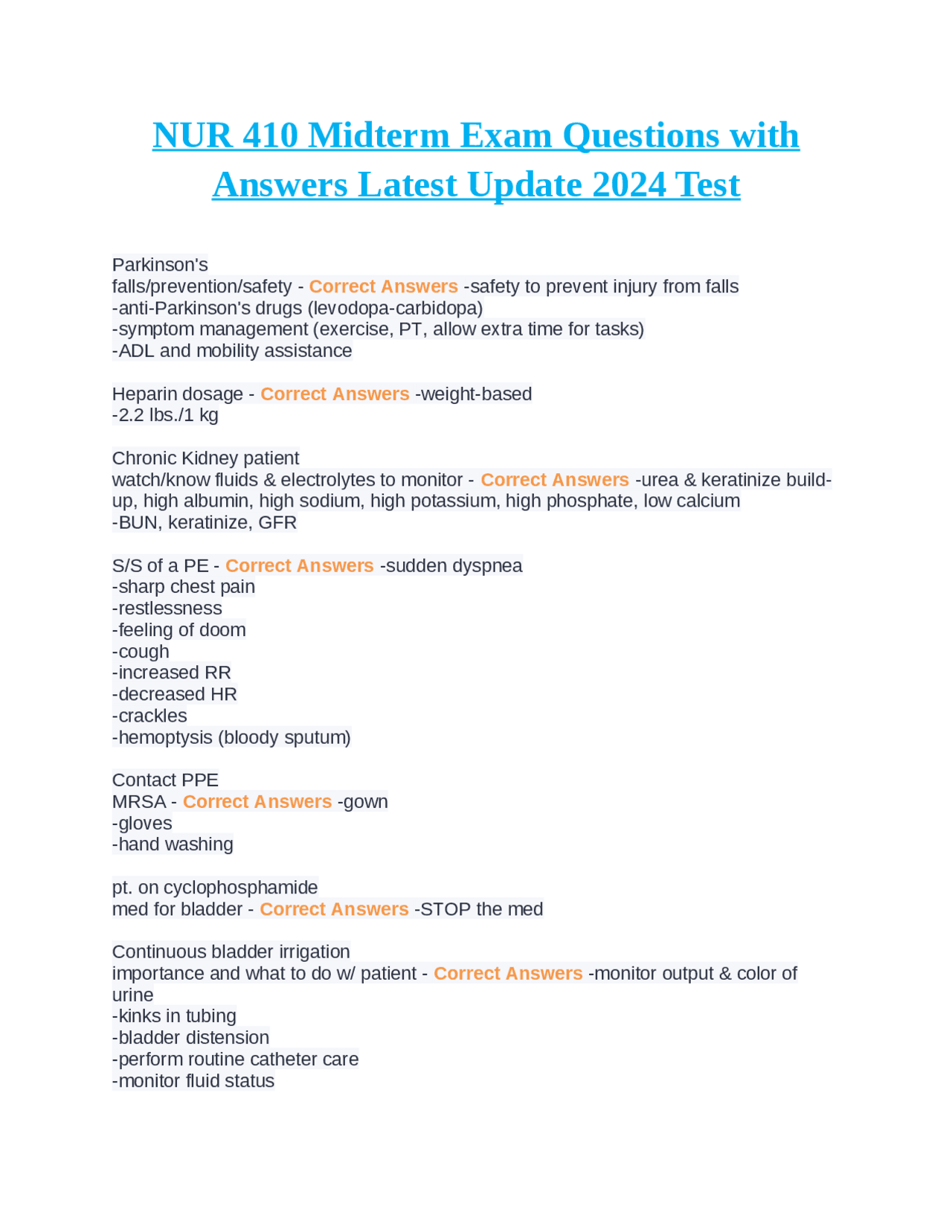 NUR 410 Midterm Exam Questions with Answers Latest Update 2024 Test ...