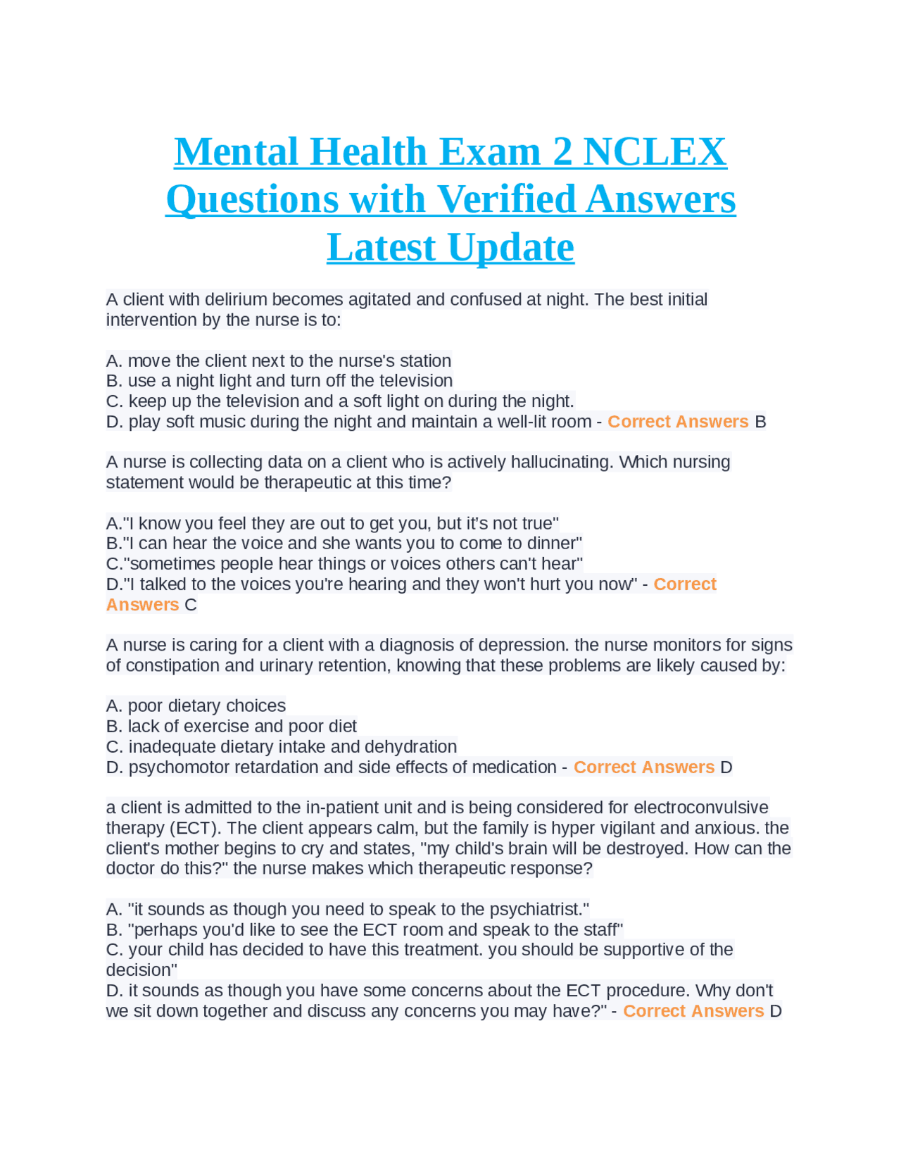 Mental Health Exam 2 NCLEX Questions with Verified Answers Latest ...