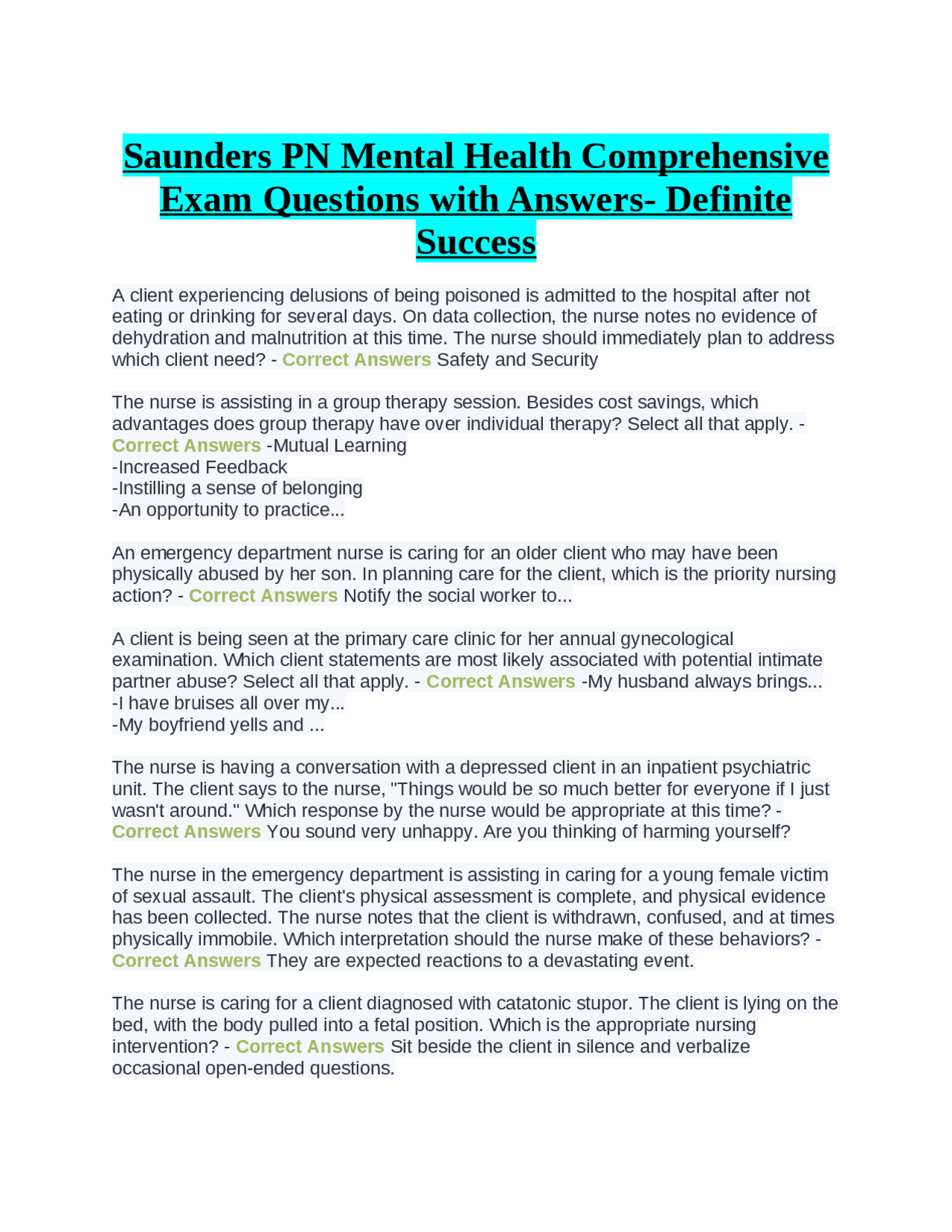Saunders PN Mental Health Comprehensive Exam Questions with Answers ...