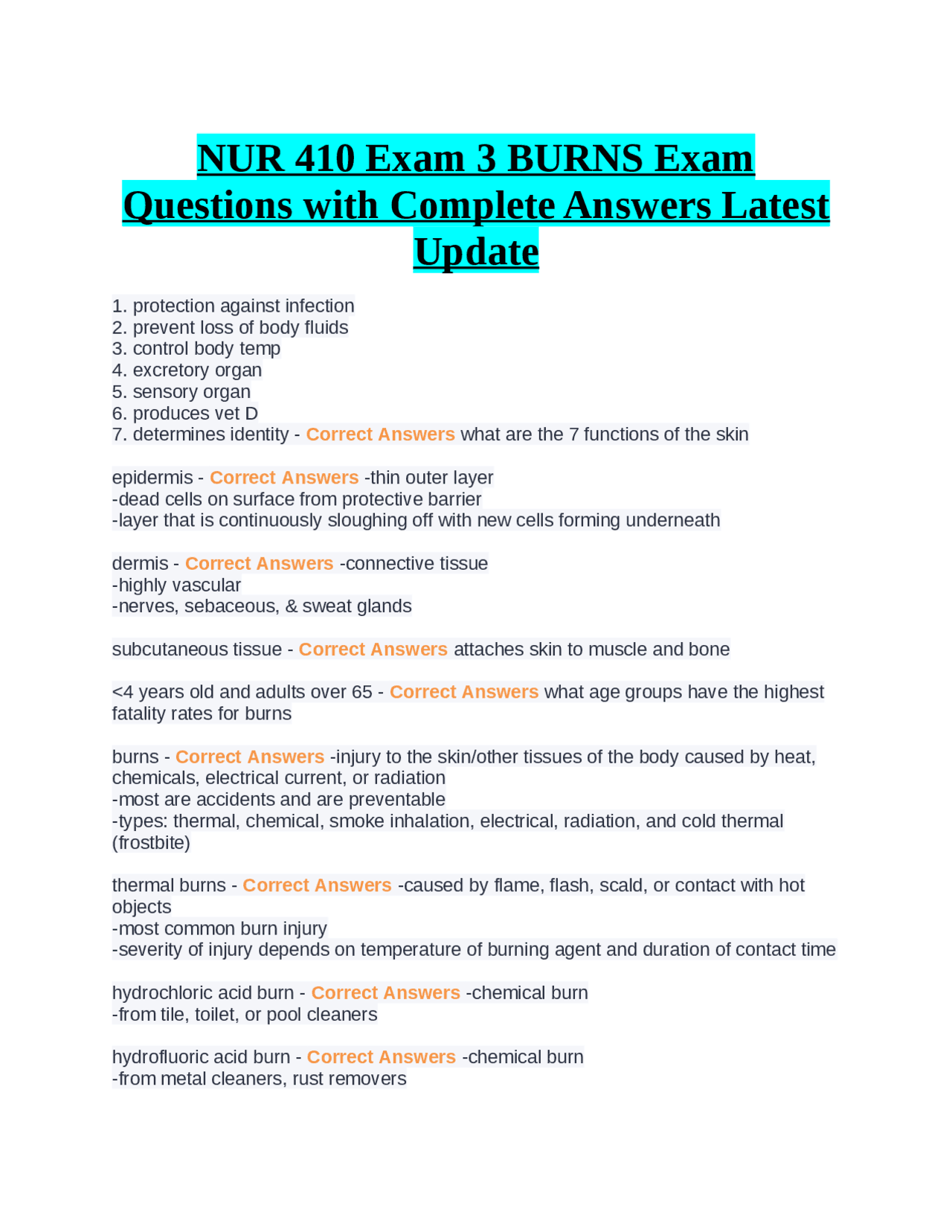 NUR 410 Exam 3 BURNS Exam Questions with Complete Answers Latest Update