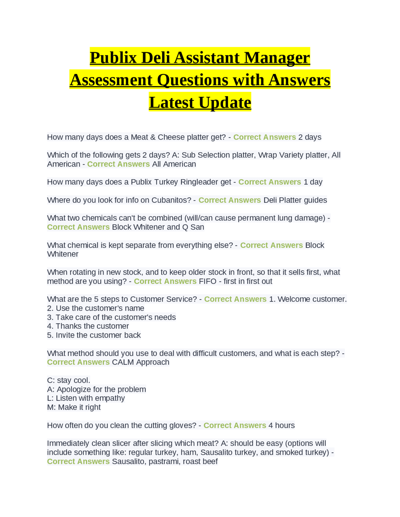 Publix Deli Assistant Manager Assessment Questions with Answers Latest Update Exams Humanities
