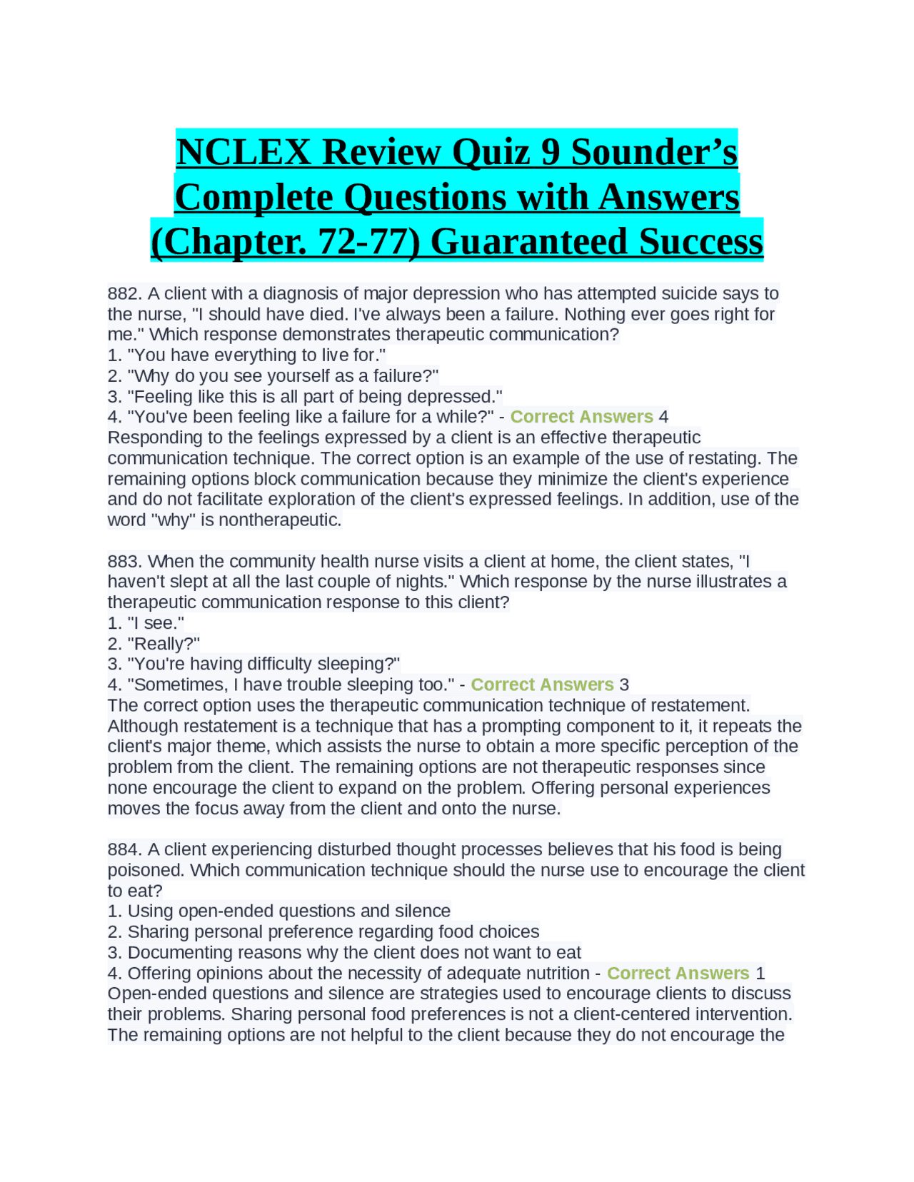 NCLEX Review Quiz 9 Sounder’s Complete Questions with Answers (Chapter ...