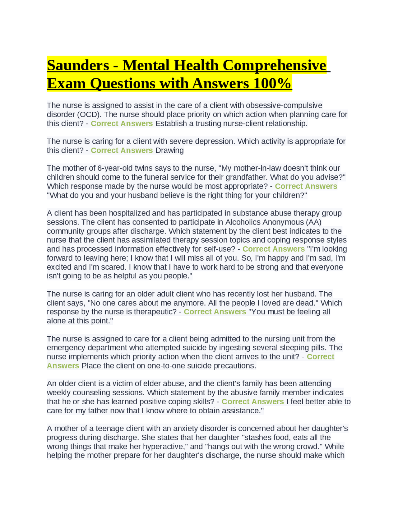 Saunders - Mental Health Comprehensive Exam Questions with Answers 100% ...