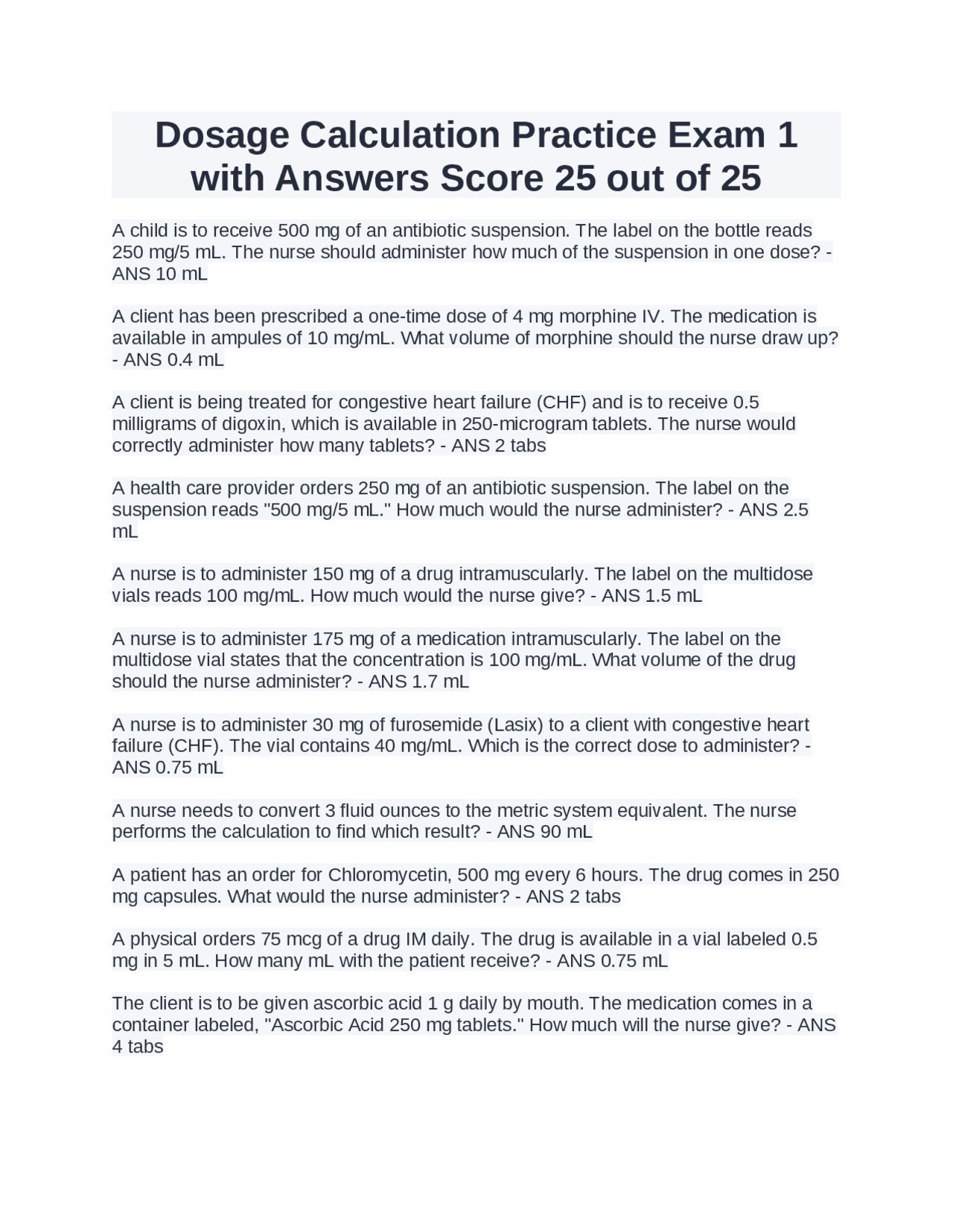 Dosage Calculation Practice Exam with Answers | Exams Nursing | Docsity
