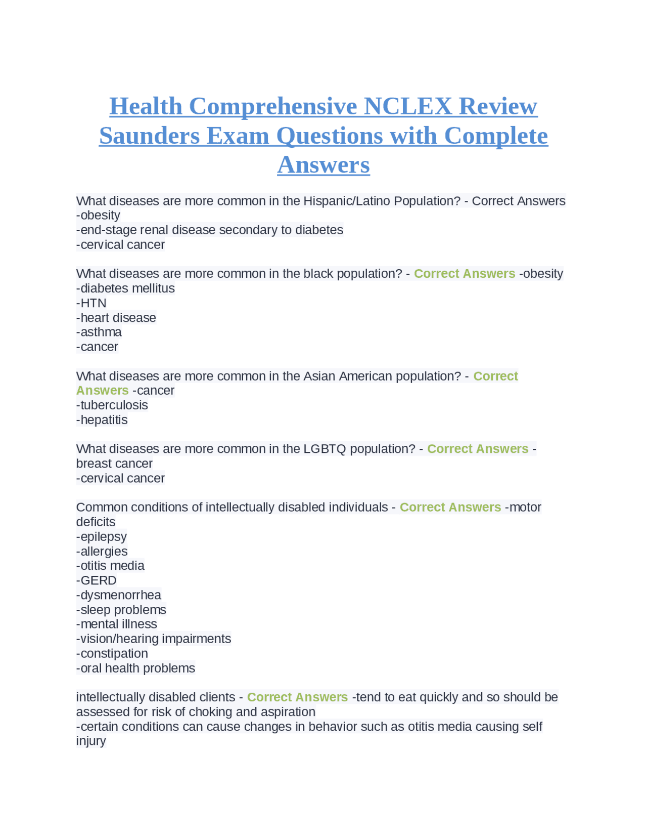 Health Comprehensive NCLEX Review Saunders Exam Questions with Complete ...