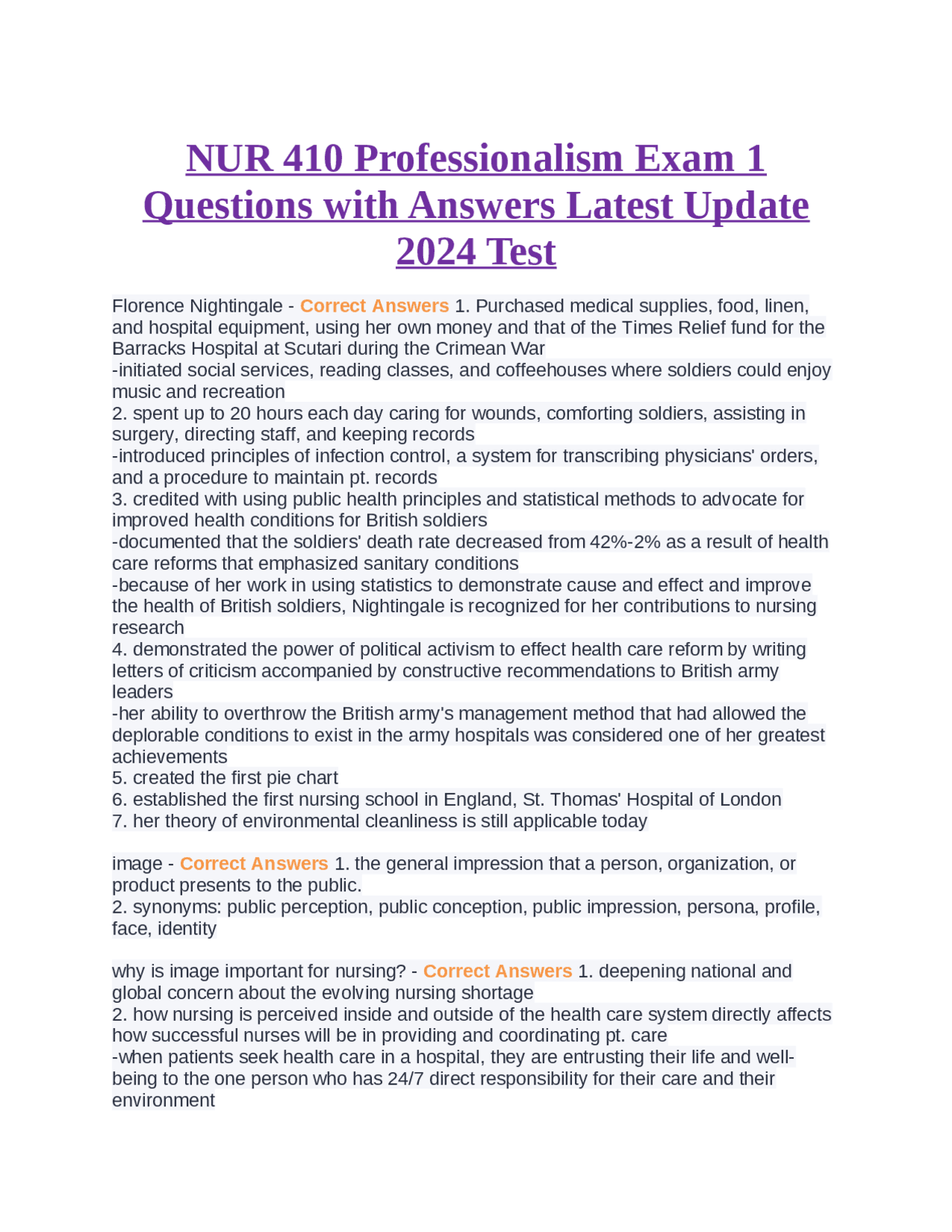 NUR 410 Professionalism Exam 1 Questions with Answers Latest Update ...