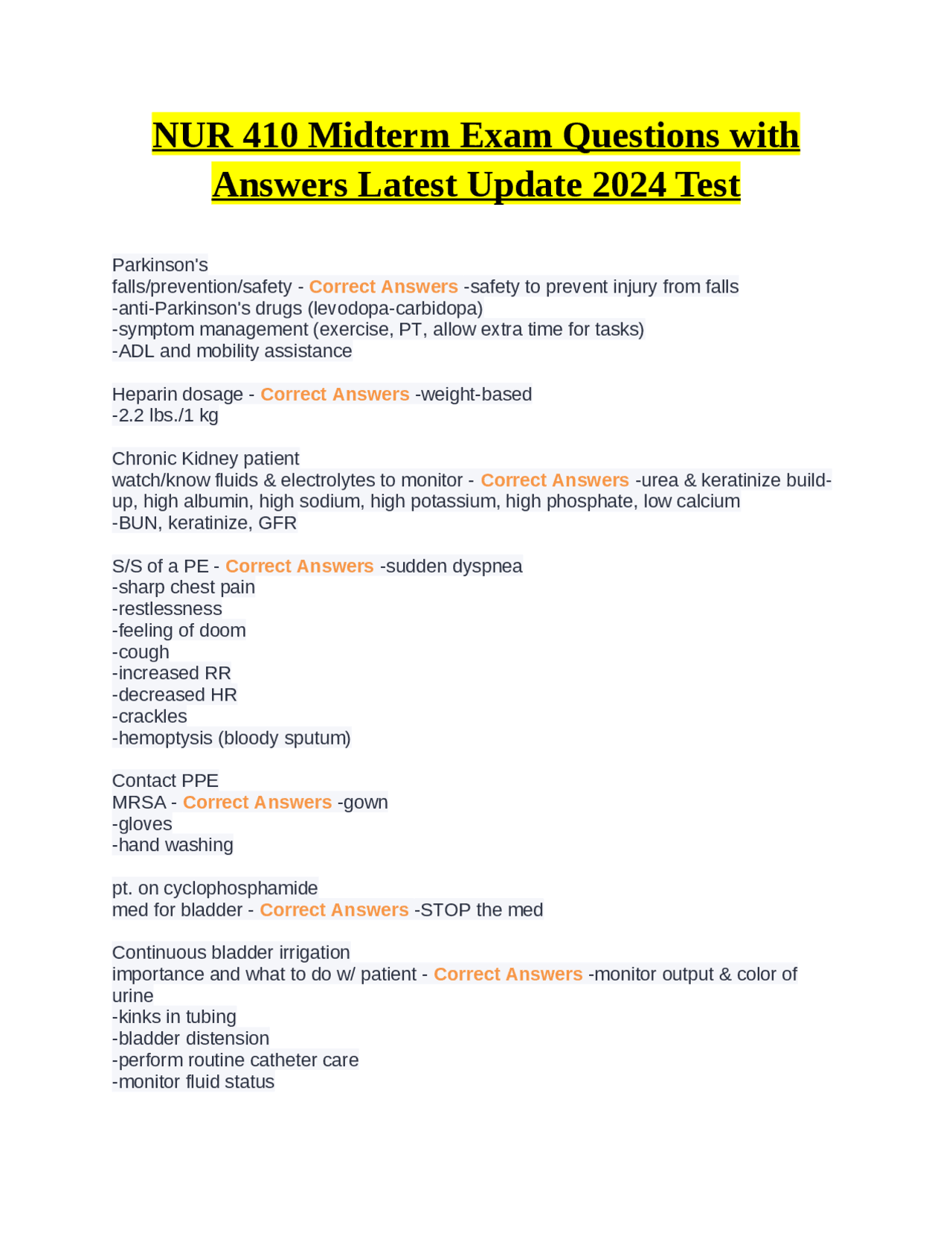 NUR 410 Midterm Exam Questions with Answers Latest Update 2024 Test ...