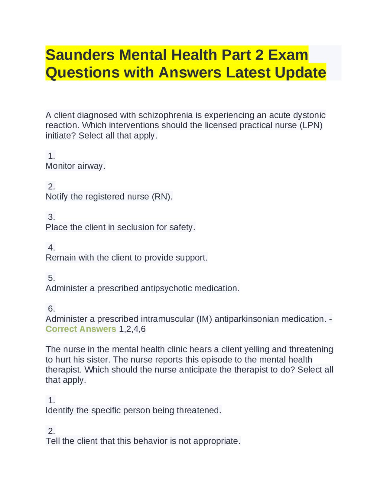 Saunders Sample Question Saunders Mental Health Part 2 Exam Questions with Answers Latest Update ...