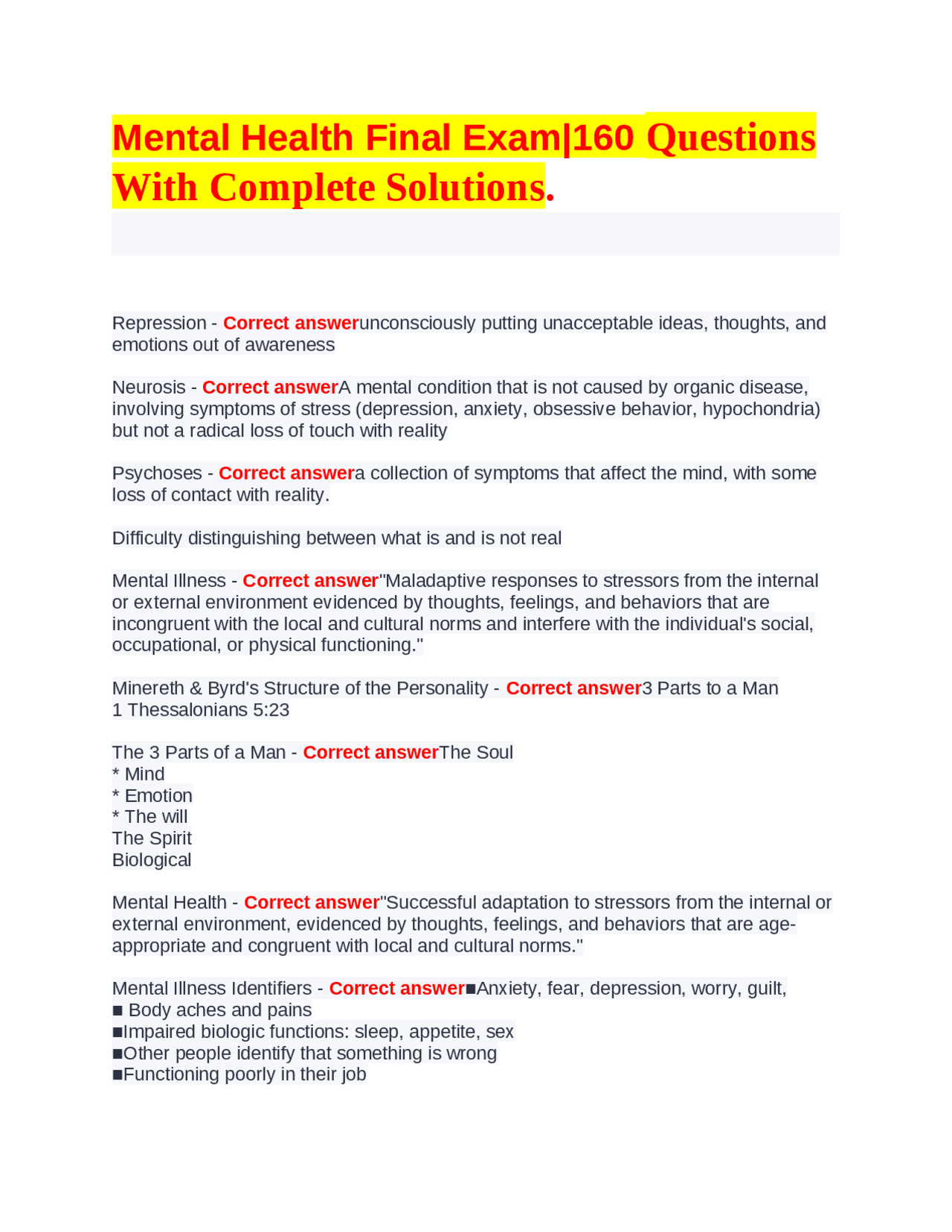 Mental Health Final Exam|160 Questions With Complete Solutions | Exams ...