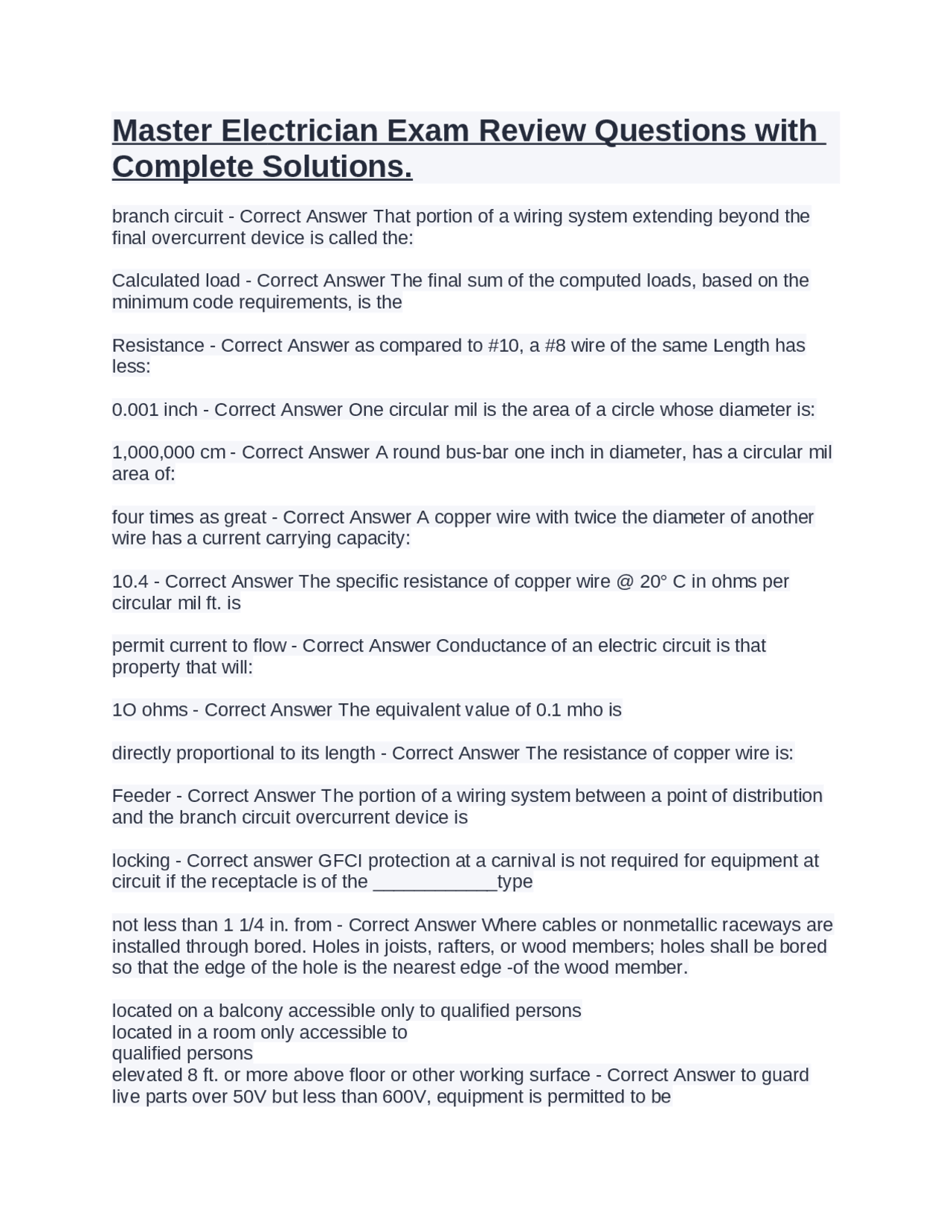 Master Electrician Exam Review Questions with Complete Solutions. Exams Electronics Docsity