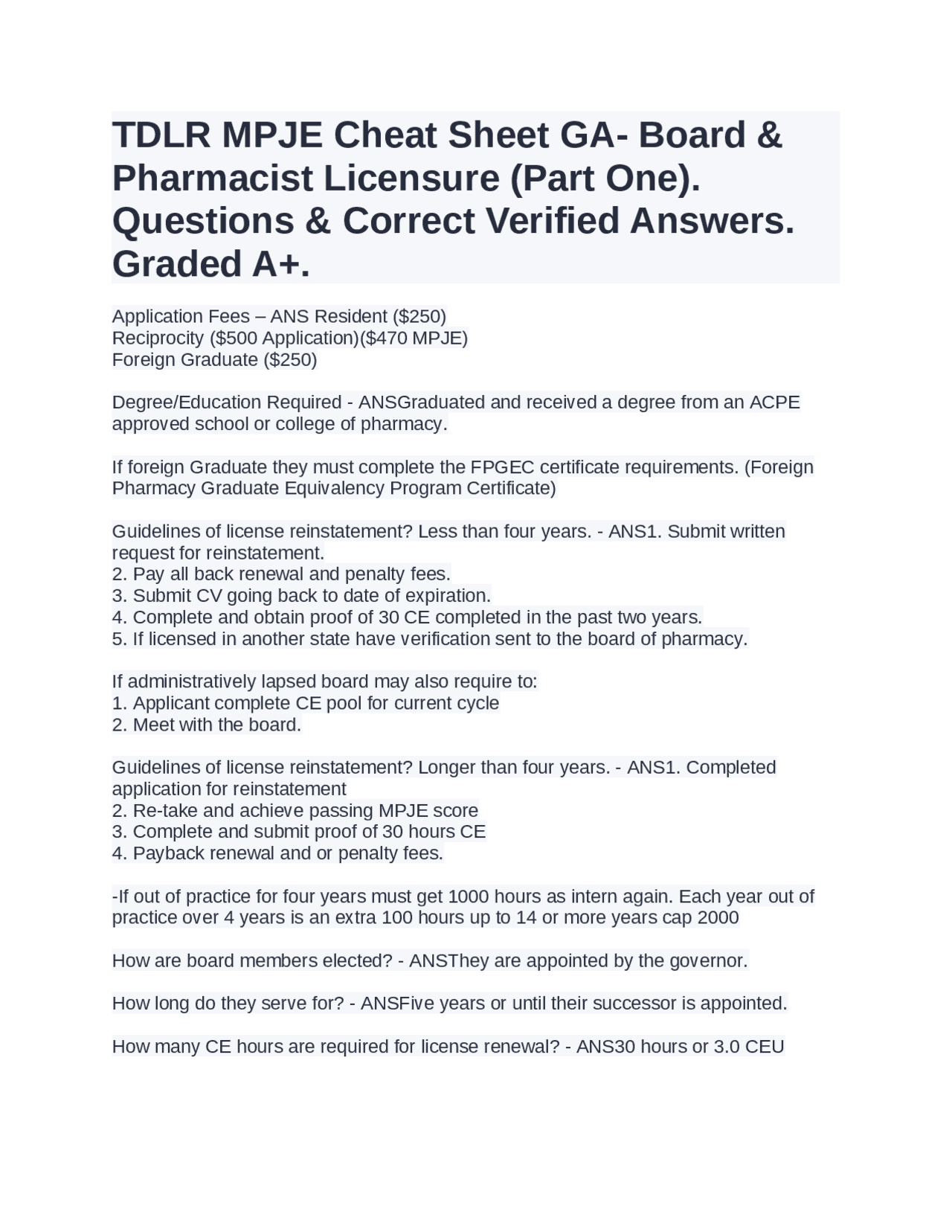 TDLR MPJE Cheat Sheet GA- Board &amp; Pharmacist Licensure (Part One 