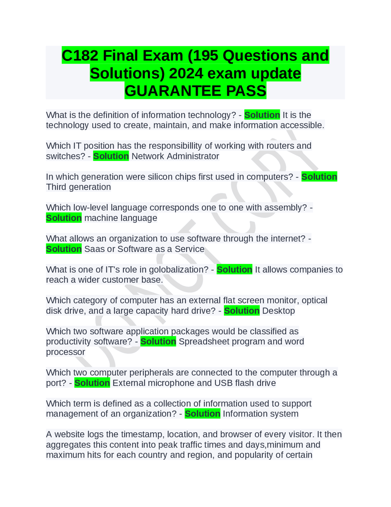 C182 Final Exam (195 Questions and Solutions) 2024 exam update ...