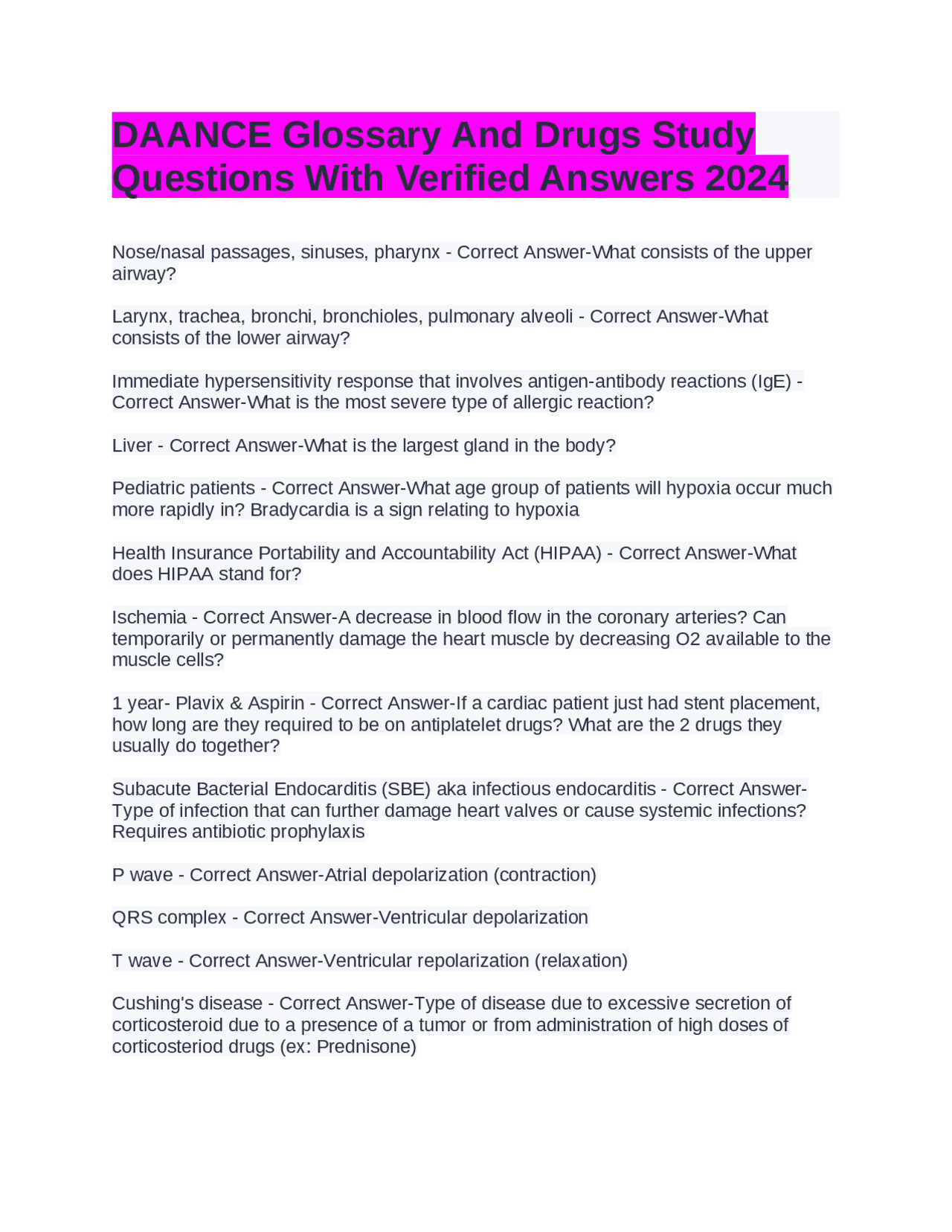 DAANCE Glossary And Drugs Study Questions With Verified Answers 2024 ...