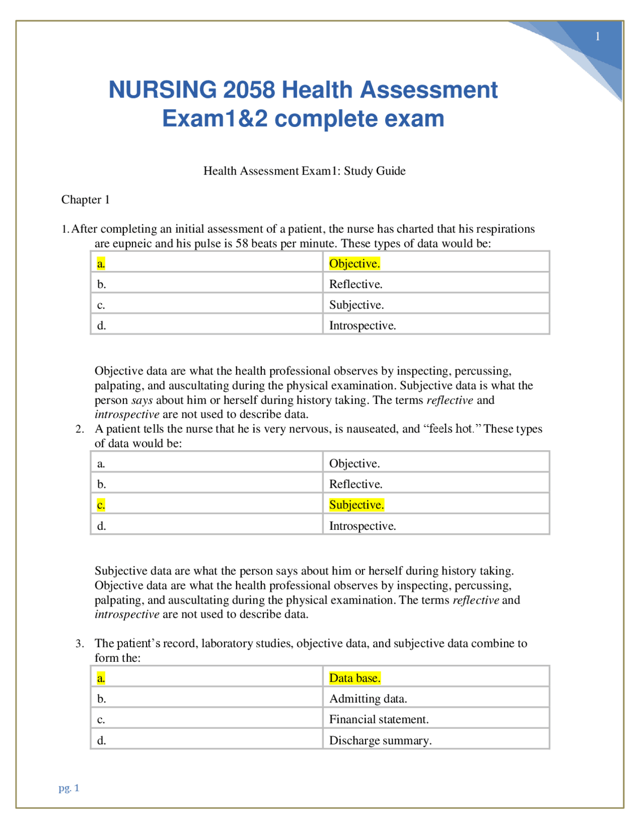 NURSING 2058 Health Assessment Exam1&2 complete exam | Exams Nursing ...