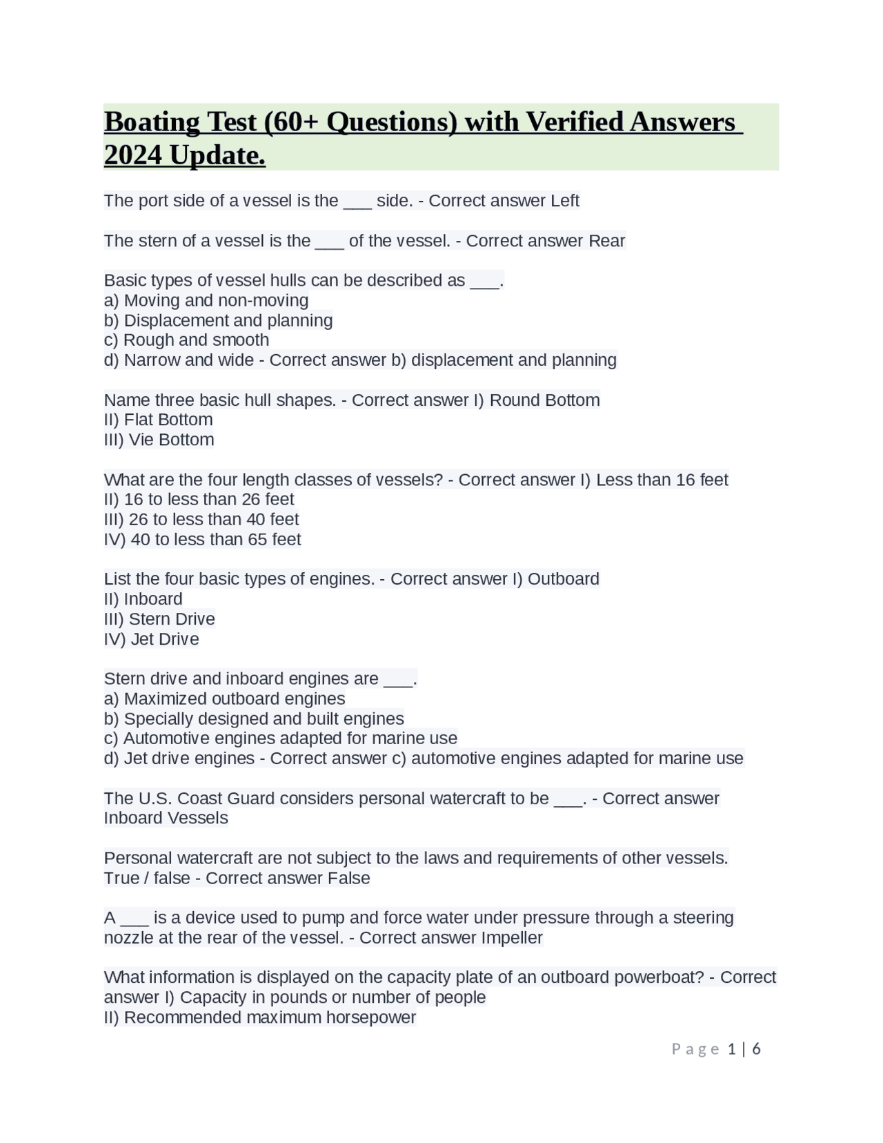 Boating Test (60+ Questions) with Verified Answers 2024 Update. Exams