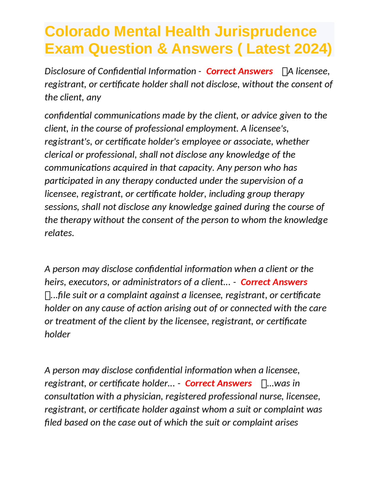 Colorado Mental Health Jurisprudence Exam Question & Answers ( Latest