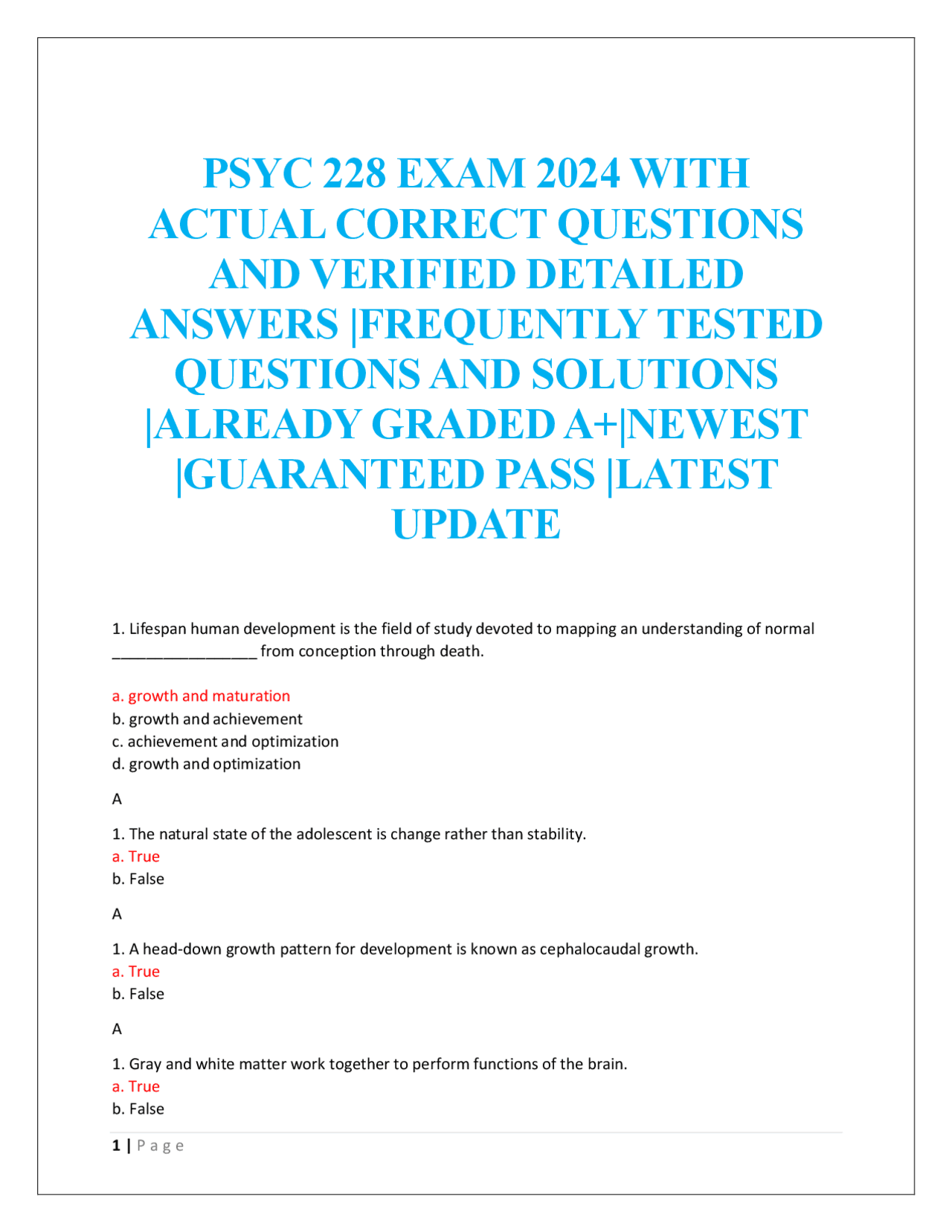 PSYC 228 EXAM 2024 WITH ACTUAL CORRECT QUESTIONS AND VERIFIED DETAILED ...