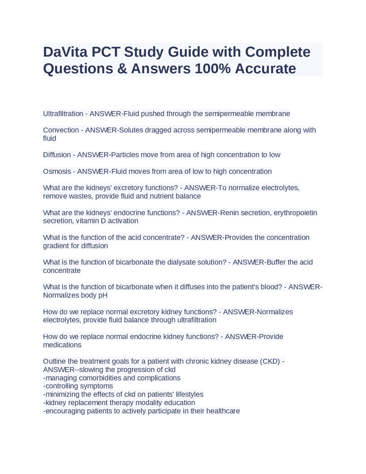 DaVita PCT Study Guide with Complete Questions &amp; Answers 100% Accurate ...
