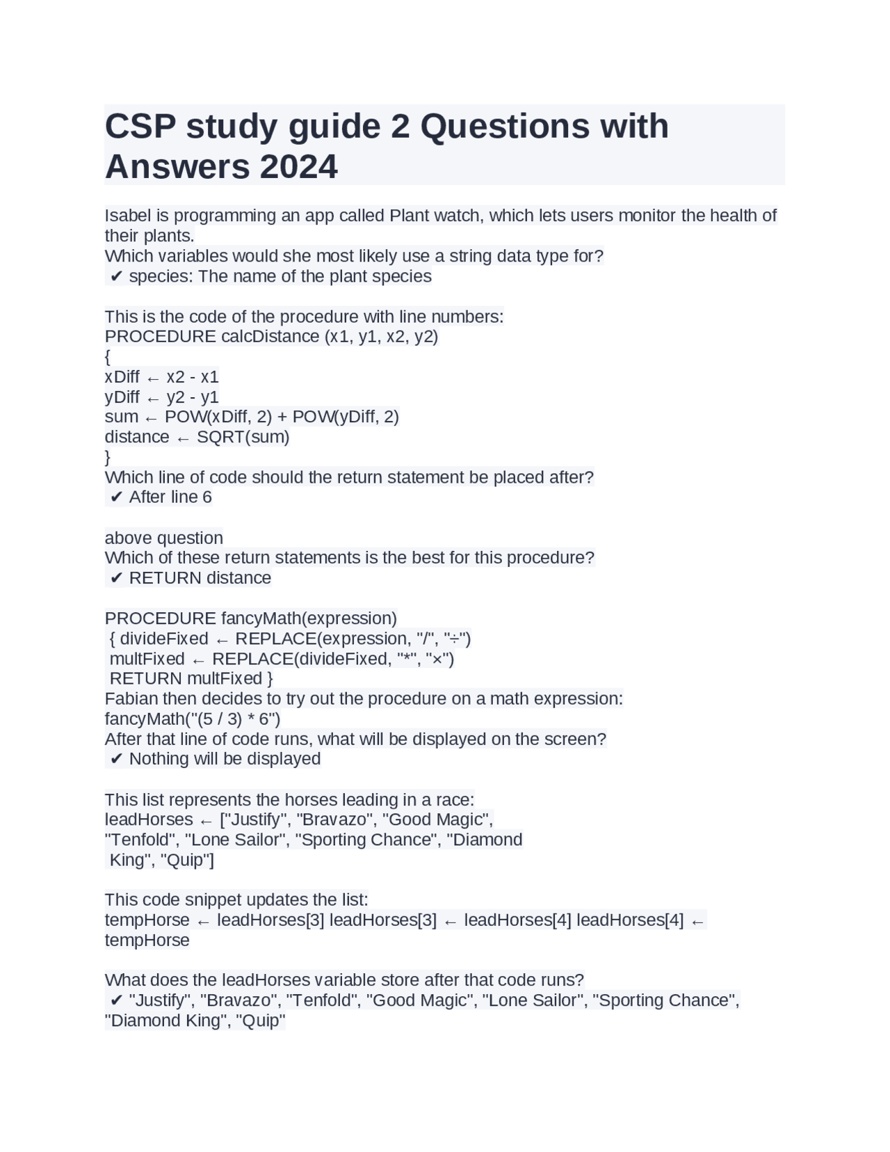 CSP study guide 2 Questions with Answers 2024 | Exams Computer Science ...