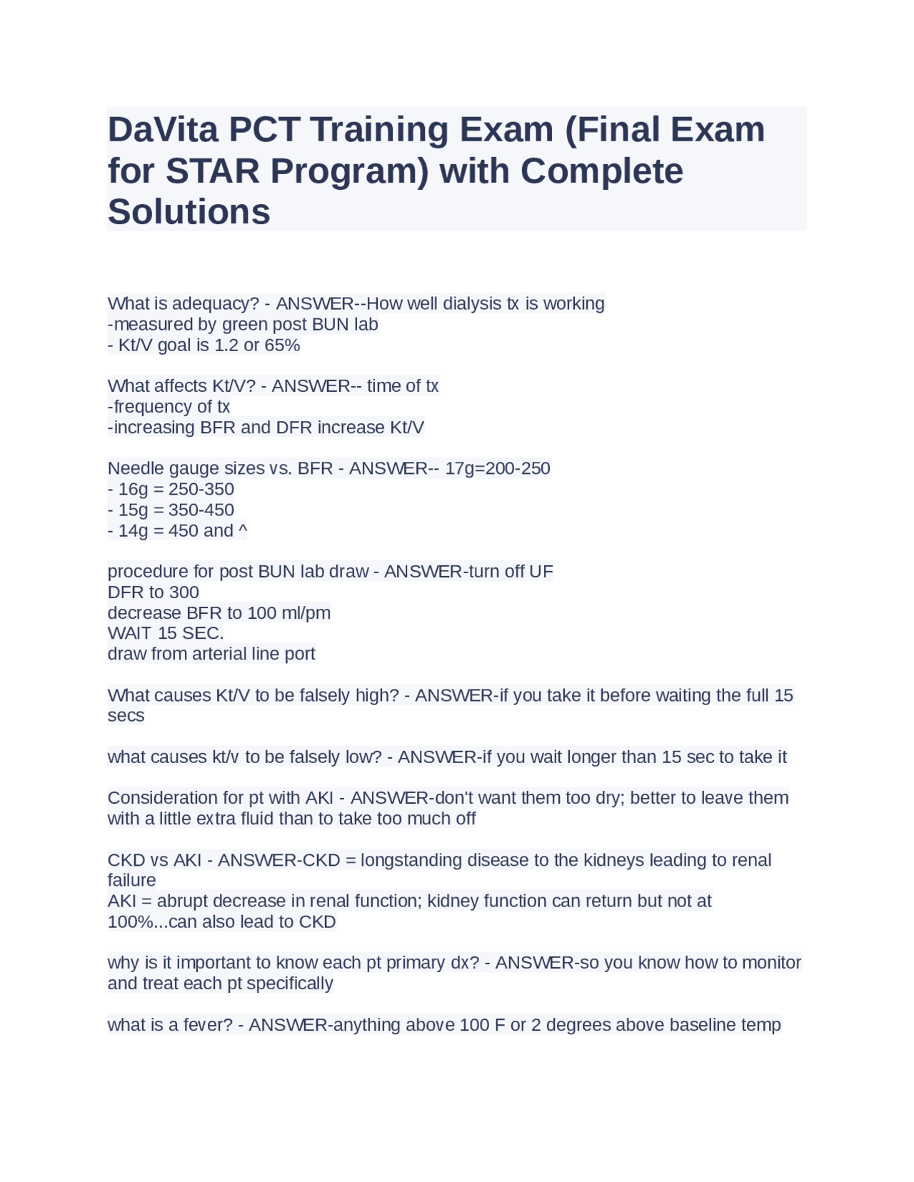 DaVita PCT Training Exam (Final Exam for STAR Program) with Complete