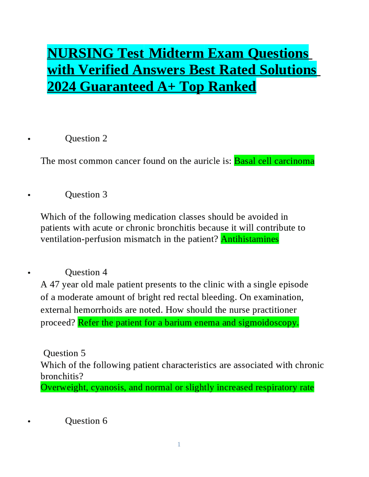 NURSING Test Midterm Exam Questions with Verified Answers Best Rated ...