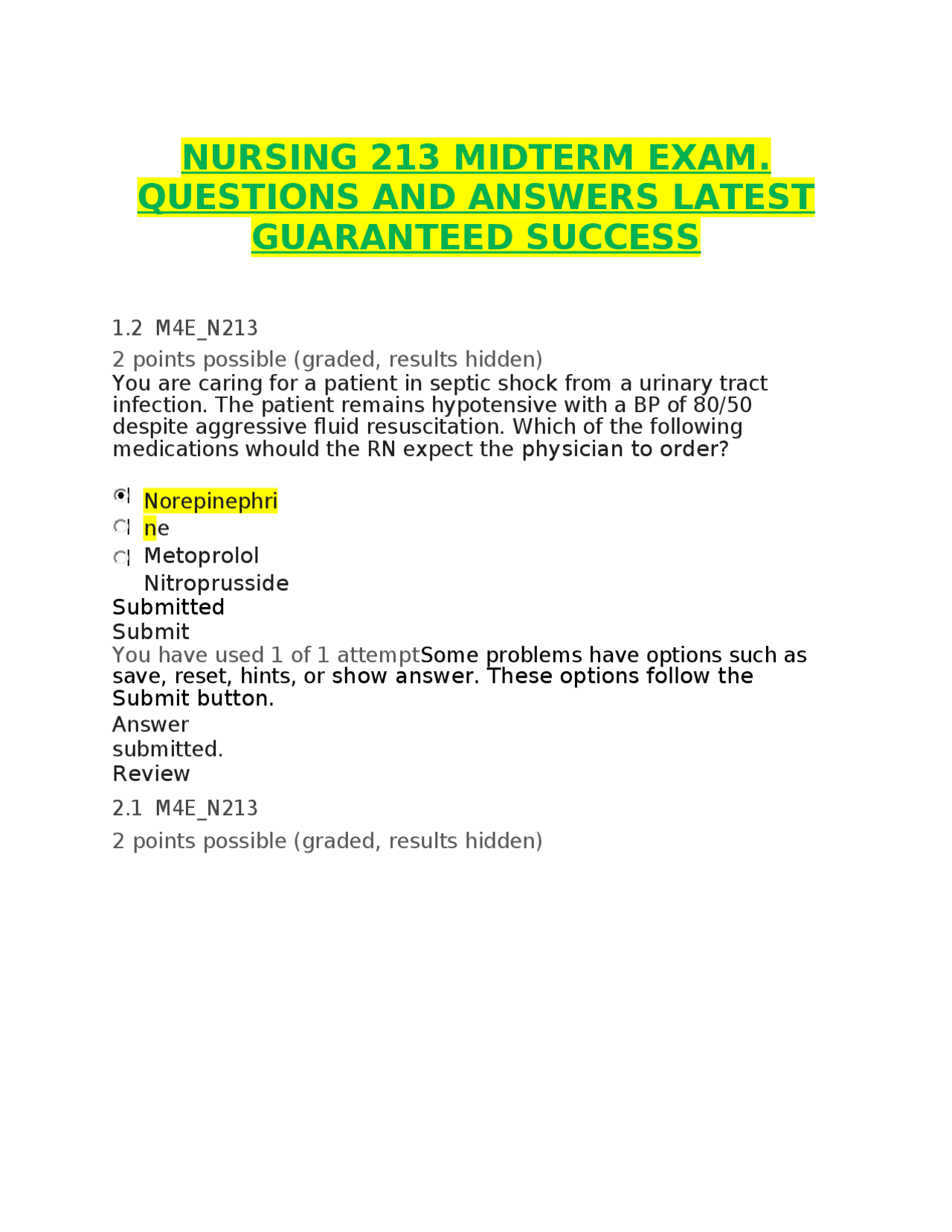 NURSING 213 MIDTERM EXAM. QUESTIONS AND ANSWERS LATEST GUARANTEED ...