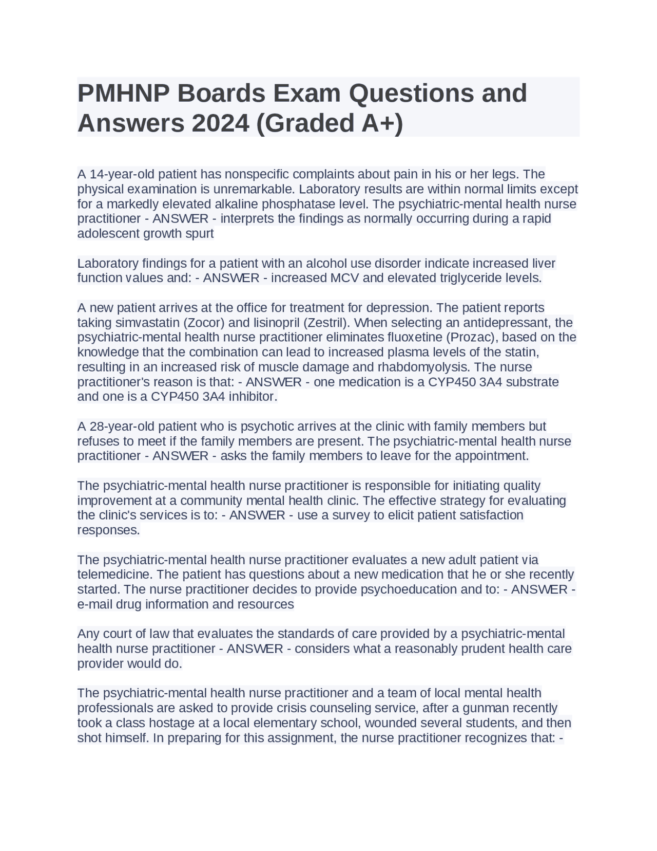 PMHNP Boards Exam Questions and Answers 2024 (Graded A+) | Exams ...